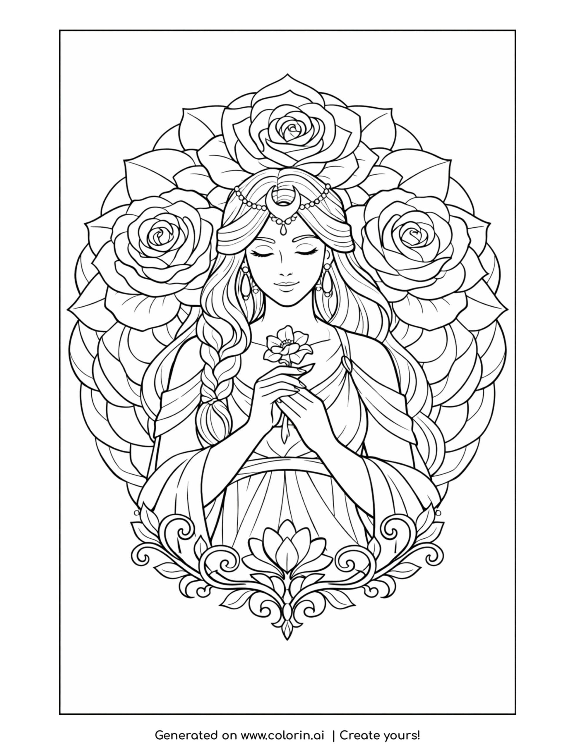 goddess holding a small flower coloring page with roses and floral vines
