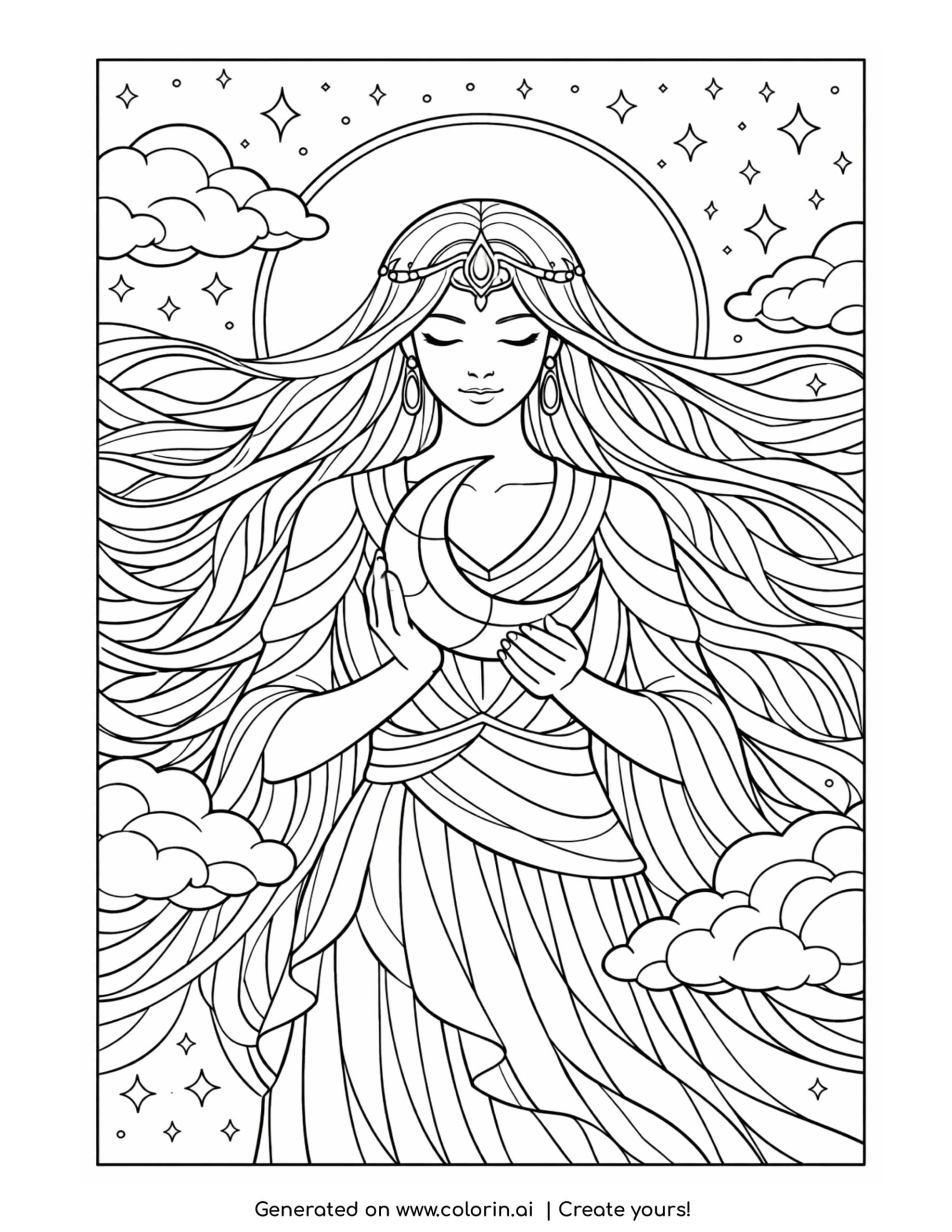 goddess holding crescent moon coloring page with flowing hair and starry sky