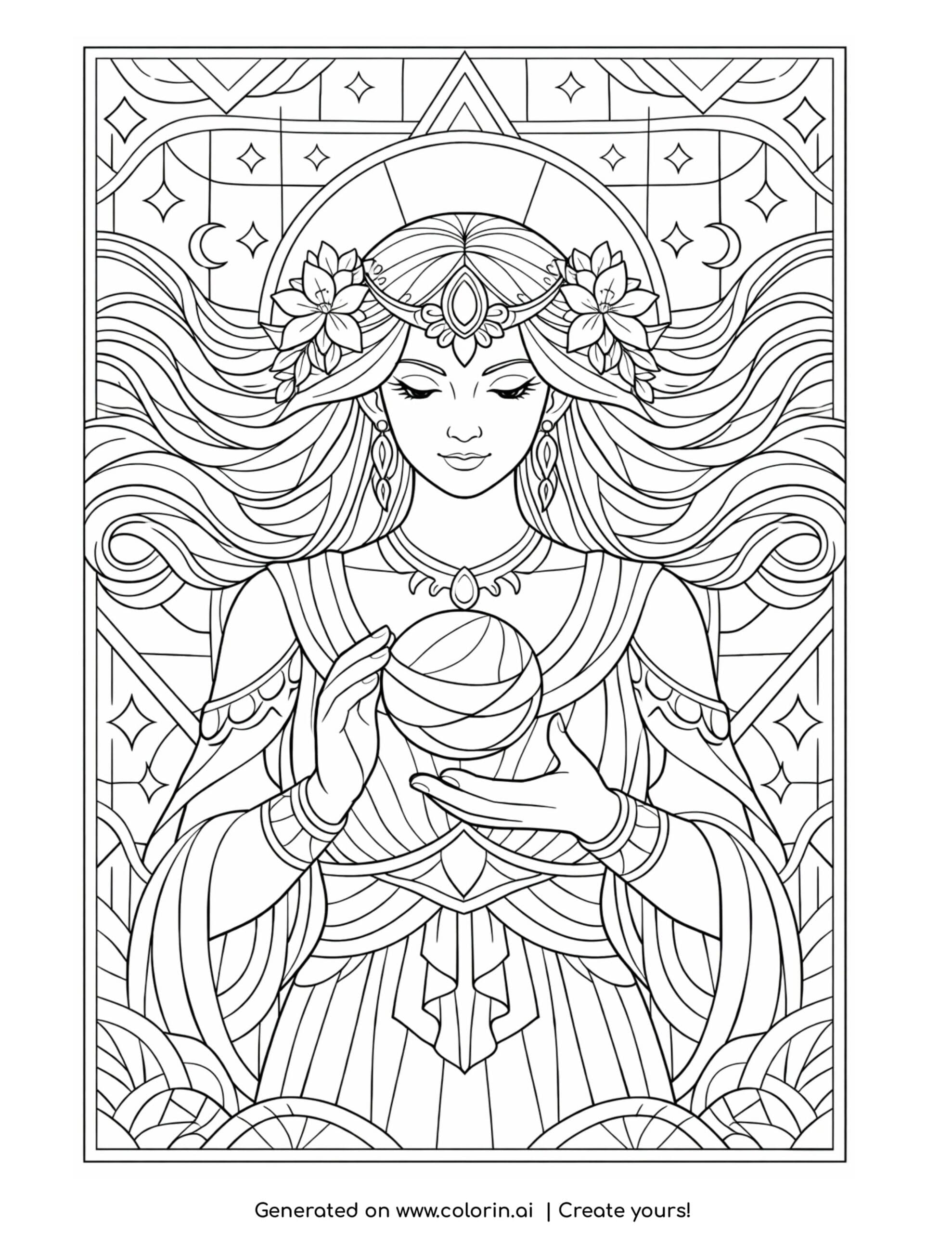 goddess holding floating sphere coloring page with flowing hair and floral accents