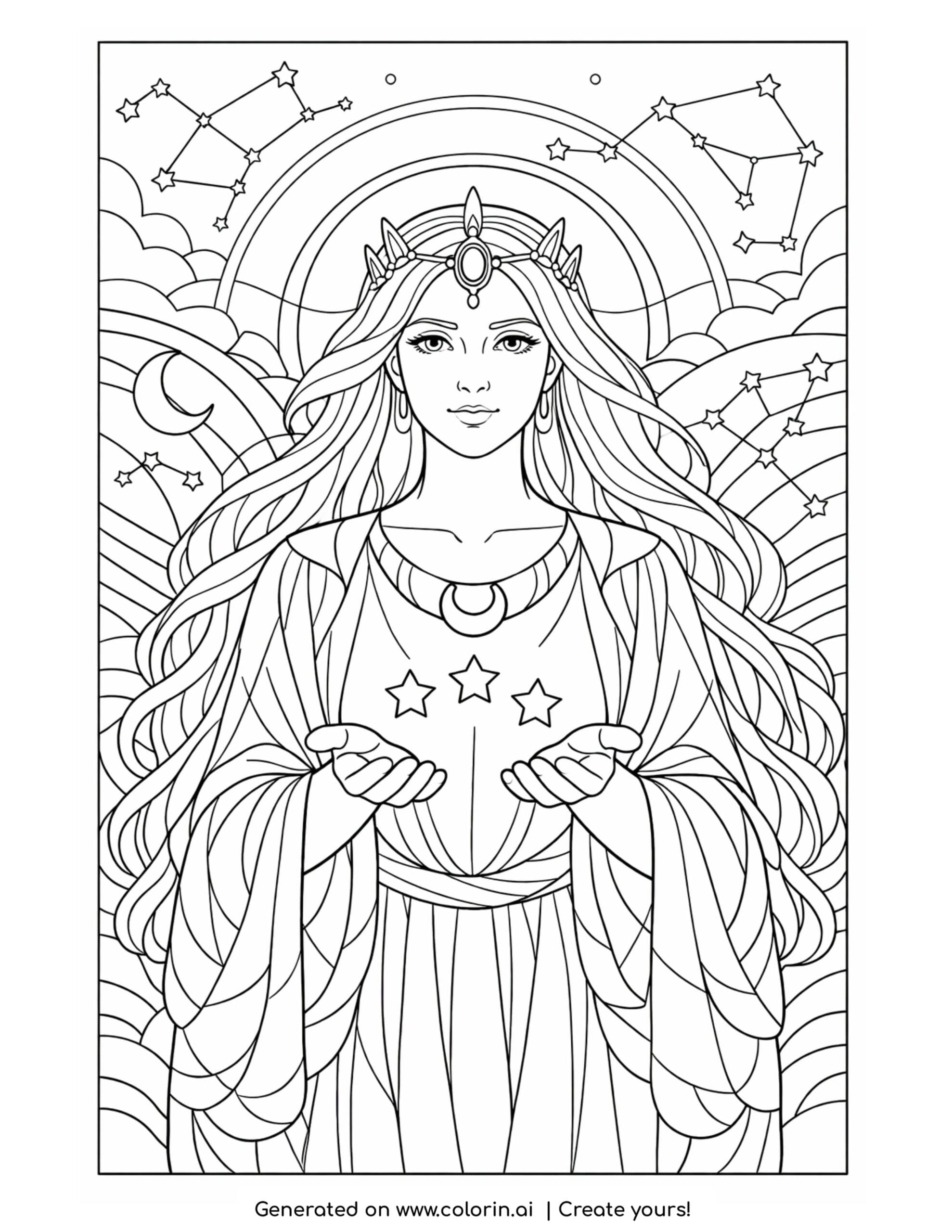 goddess holding floating stars coloring page with constellations and moon details