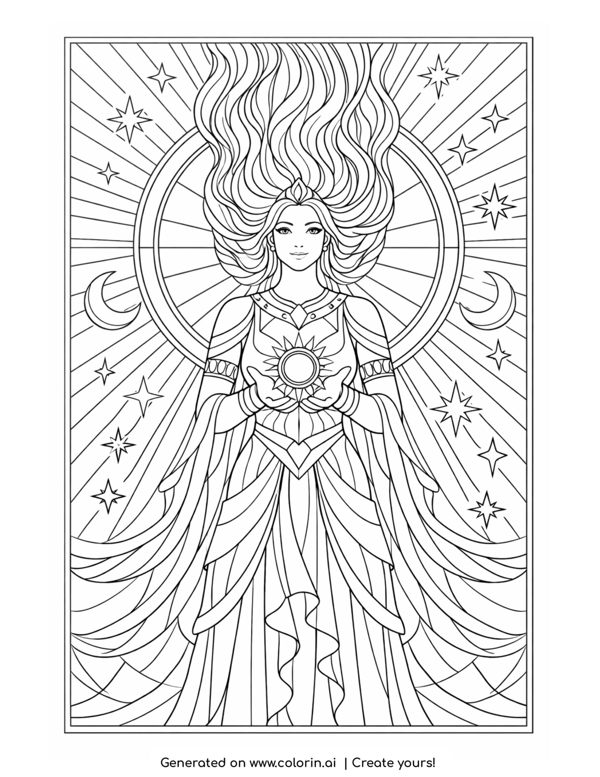 goddess holding glowing sun coloring page with stars and flowing hair