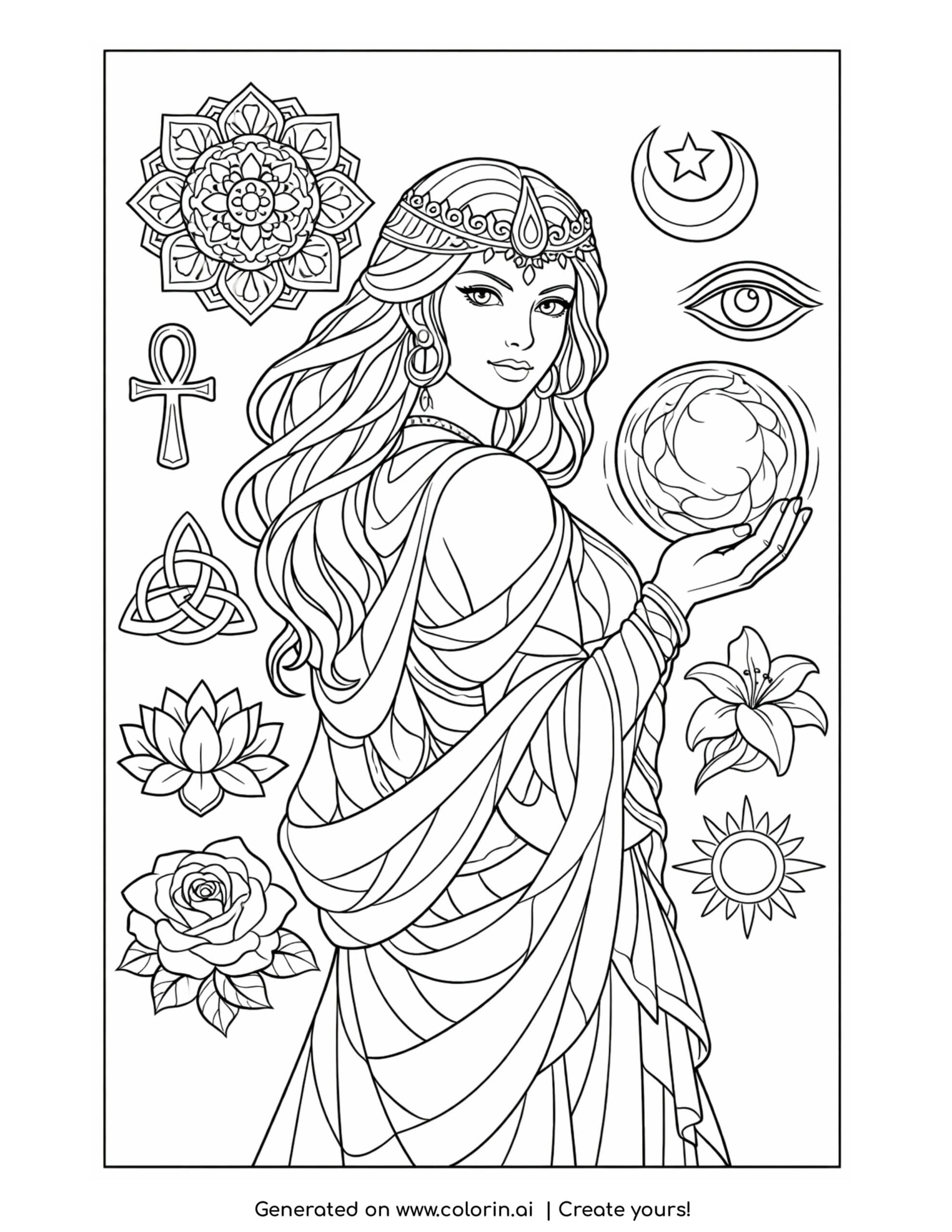 goddess holding moon sphere coloring page with mystical symbols and flowing robe