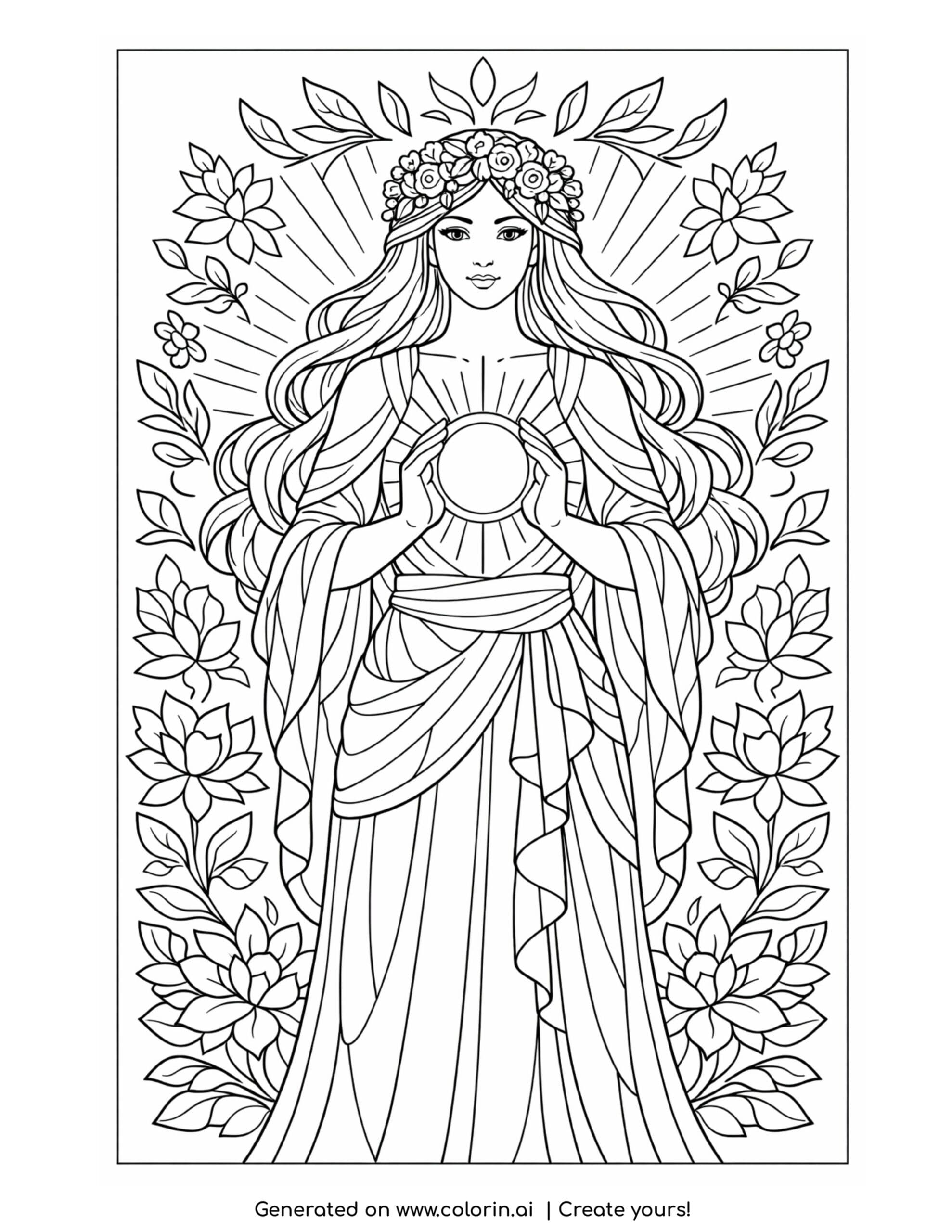 goddess holding radiant orb coloring page with floral crown and glowing light