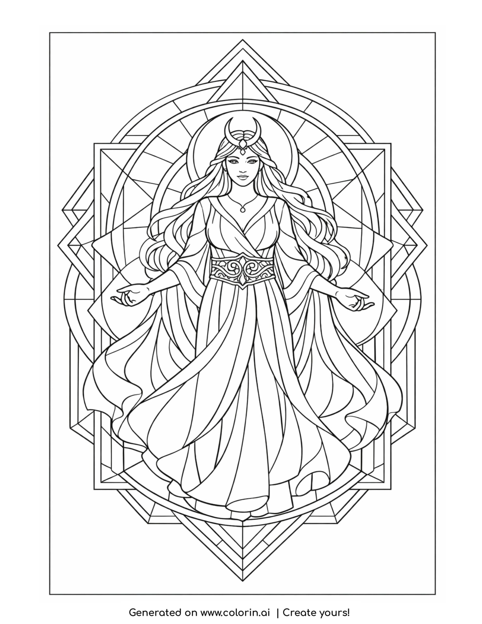 goddess inside crystal portal coloring page with geometric frame and flowing gown