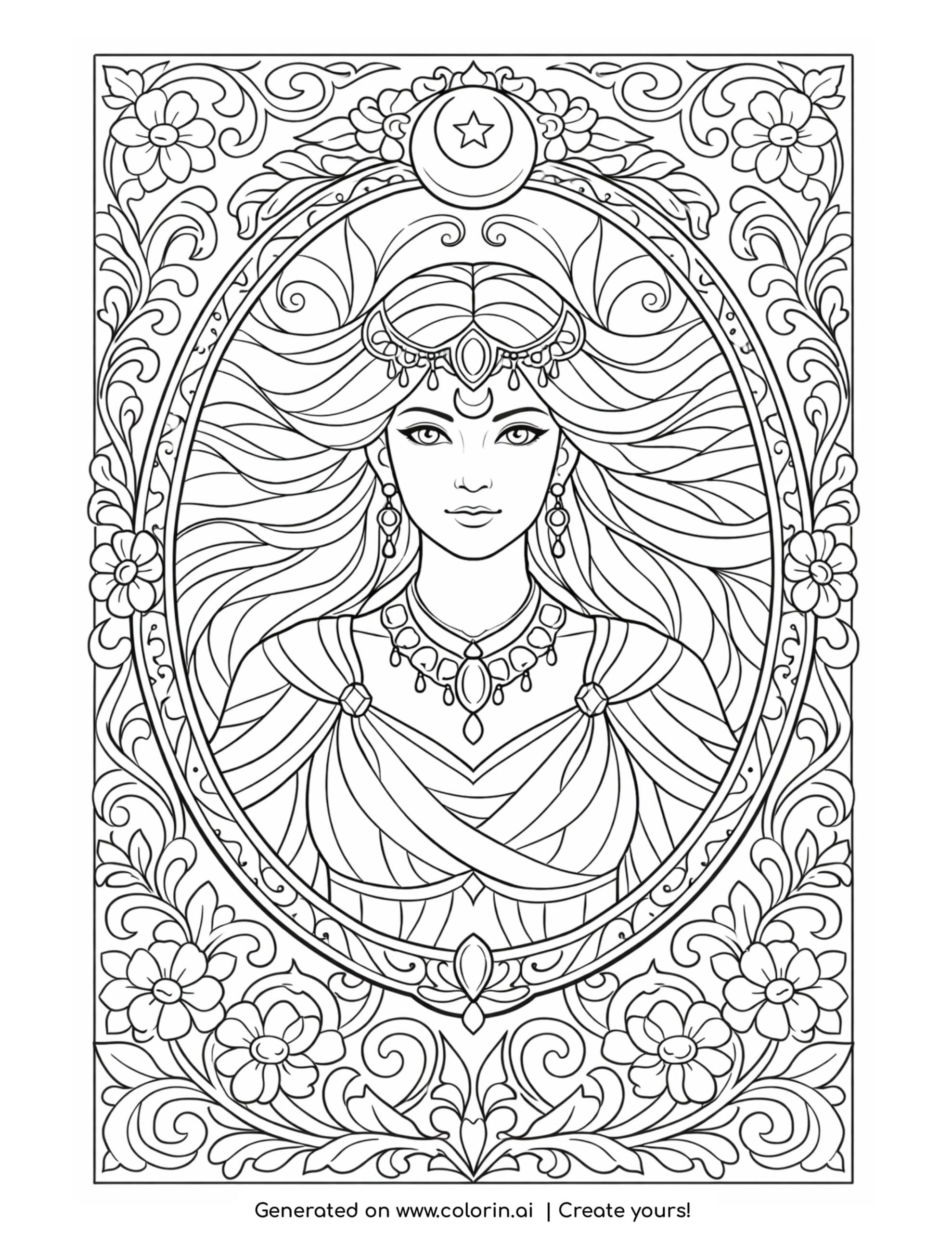 goddess inside enchanted mirror coloring page with ornate frame and floral patterns