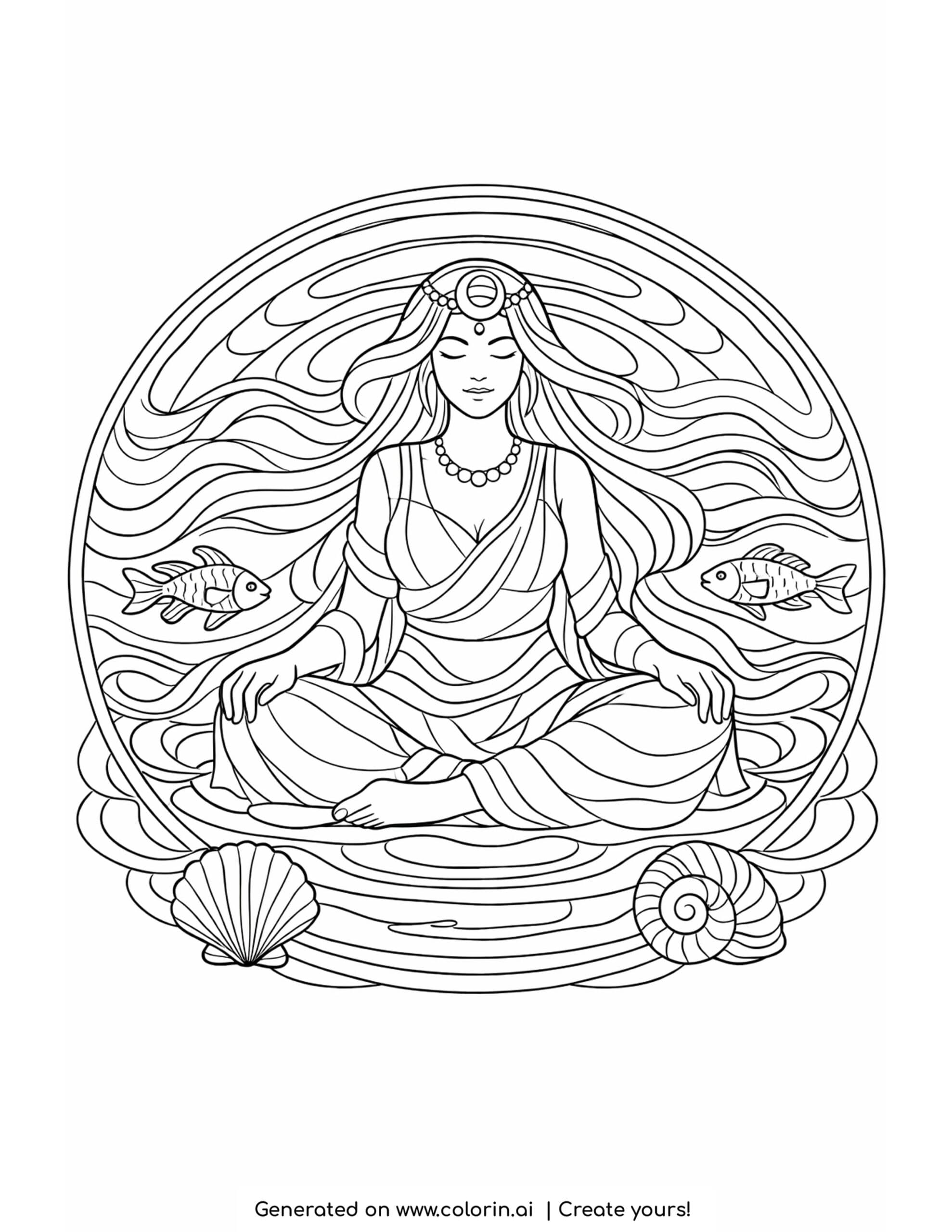goddess meditating among tide pools coloring page with fish and seashell details
