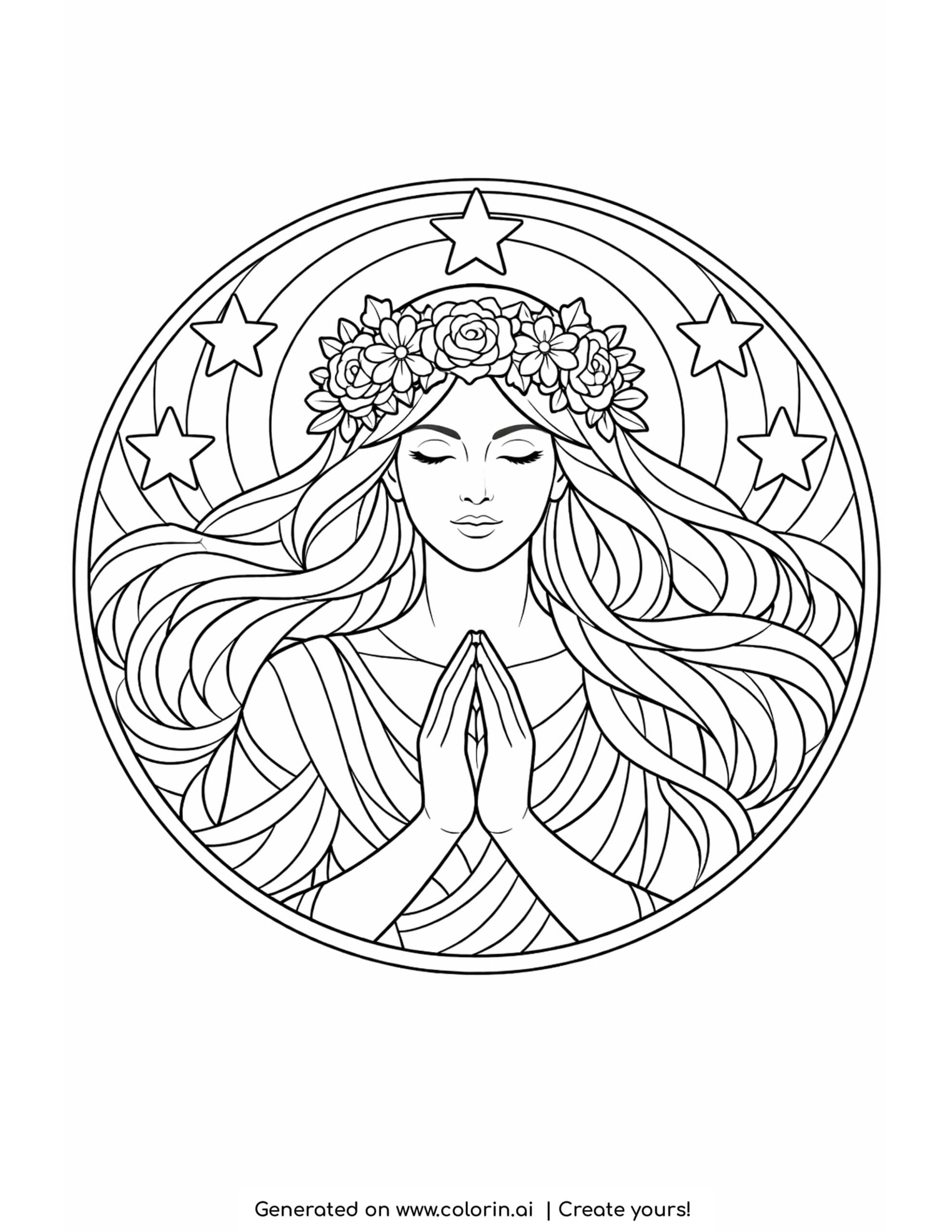 goddess praying beneath stars coloring page with floral crown and circular sky