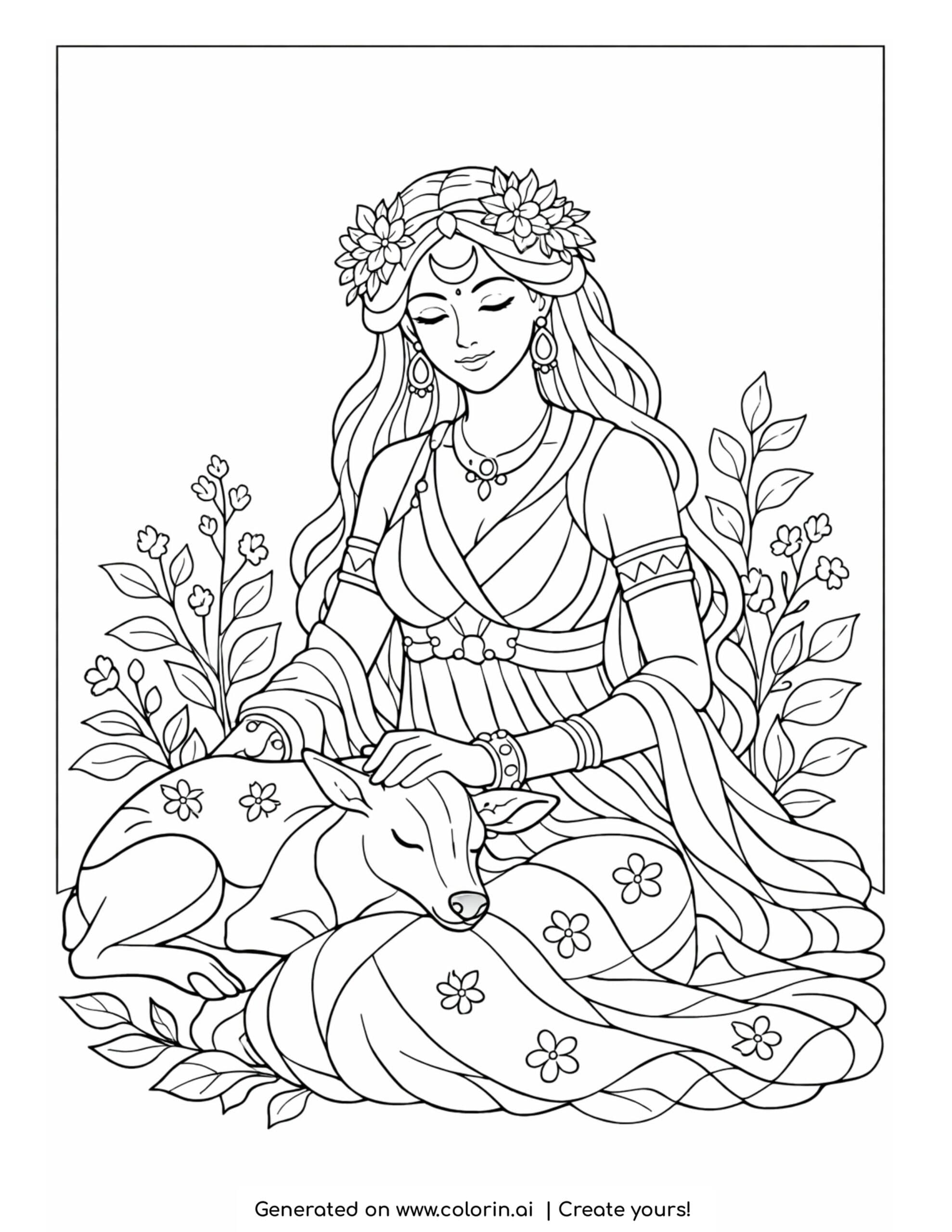 goddess resting beside a deer coloring page with flowers and flowing hair