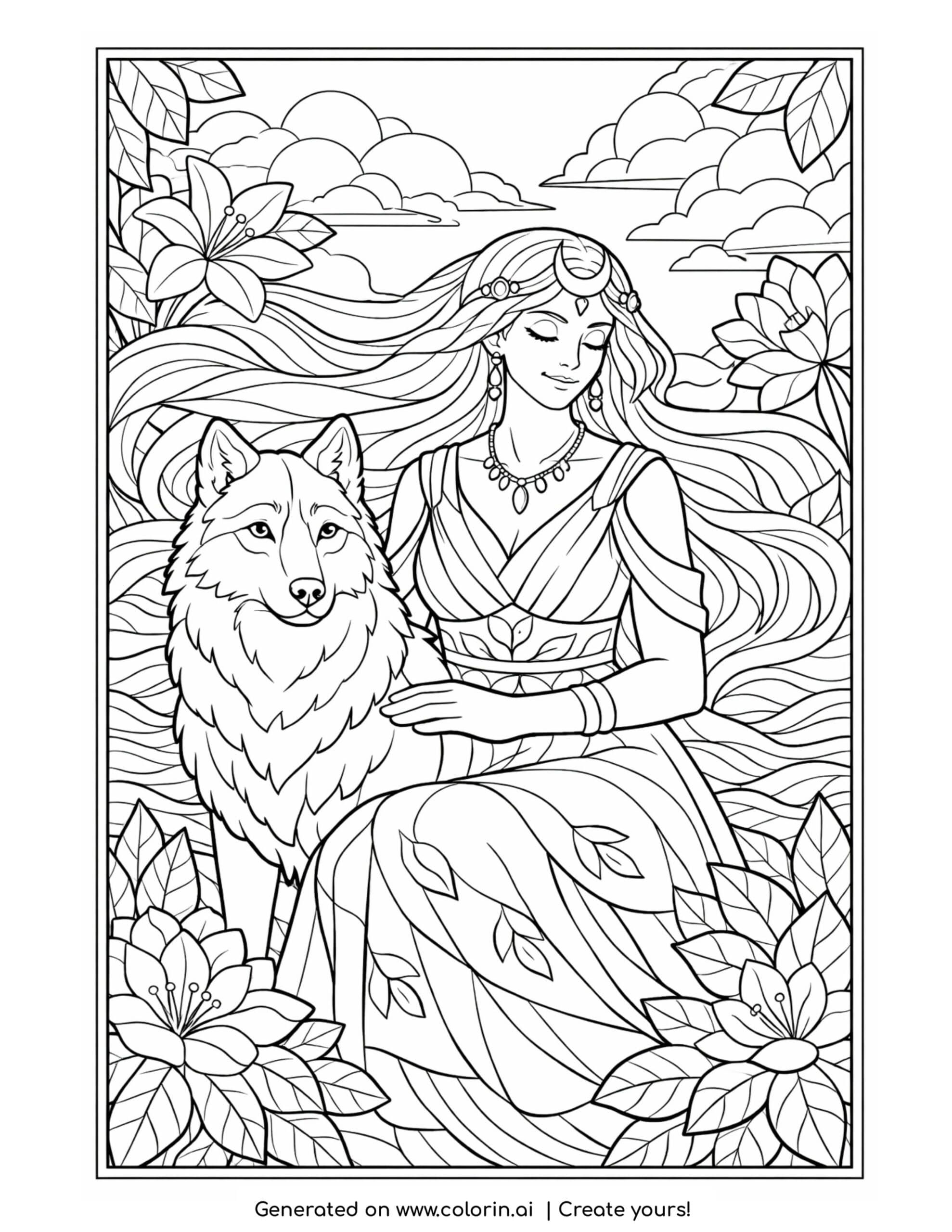 goddess resting beside a wolf coloring page with flowers and flowing hair