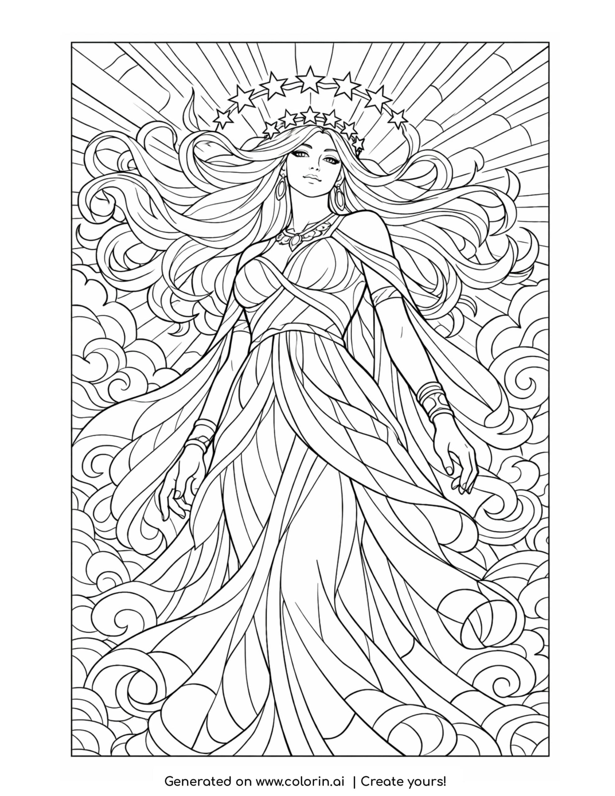 goddess rising through storm clouds coloring page with star crown and radiant sky