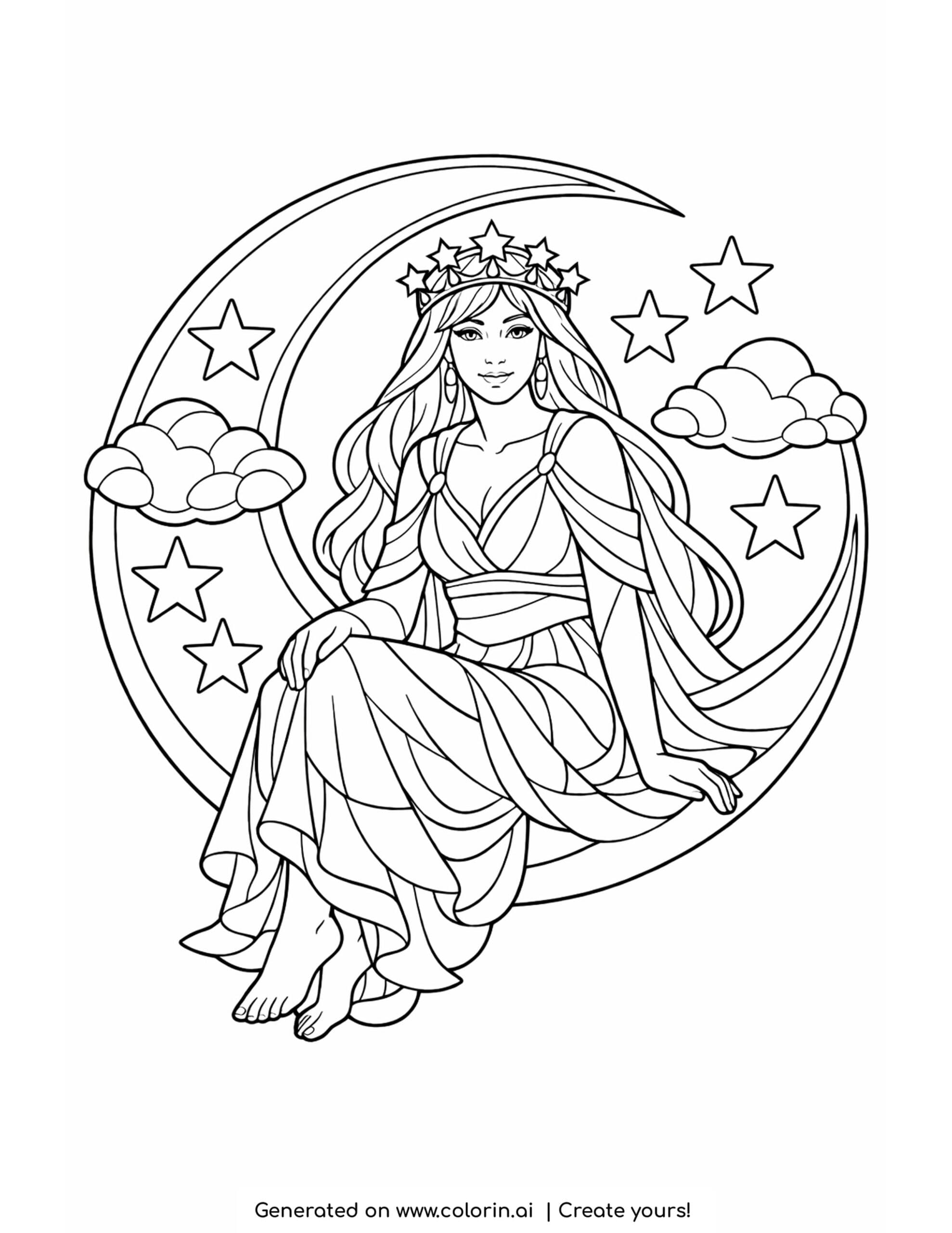 goddess seated inside moon arc coloring page with stars and fluffy clouds