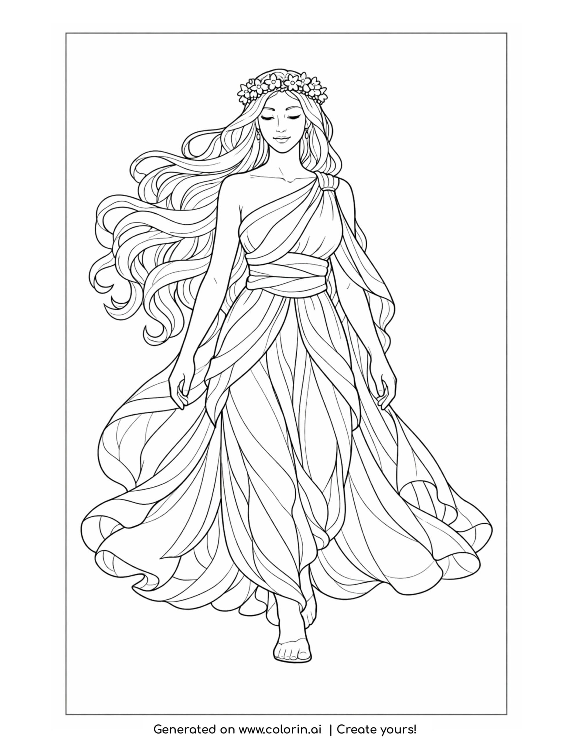 goddess stepping through wind coloring page with sweeping dress and floral crown