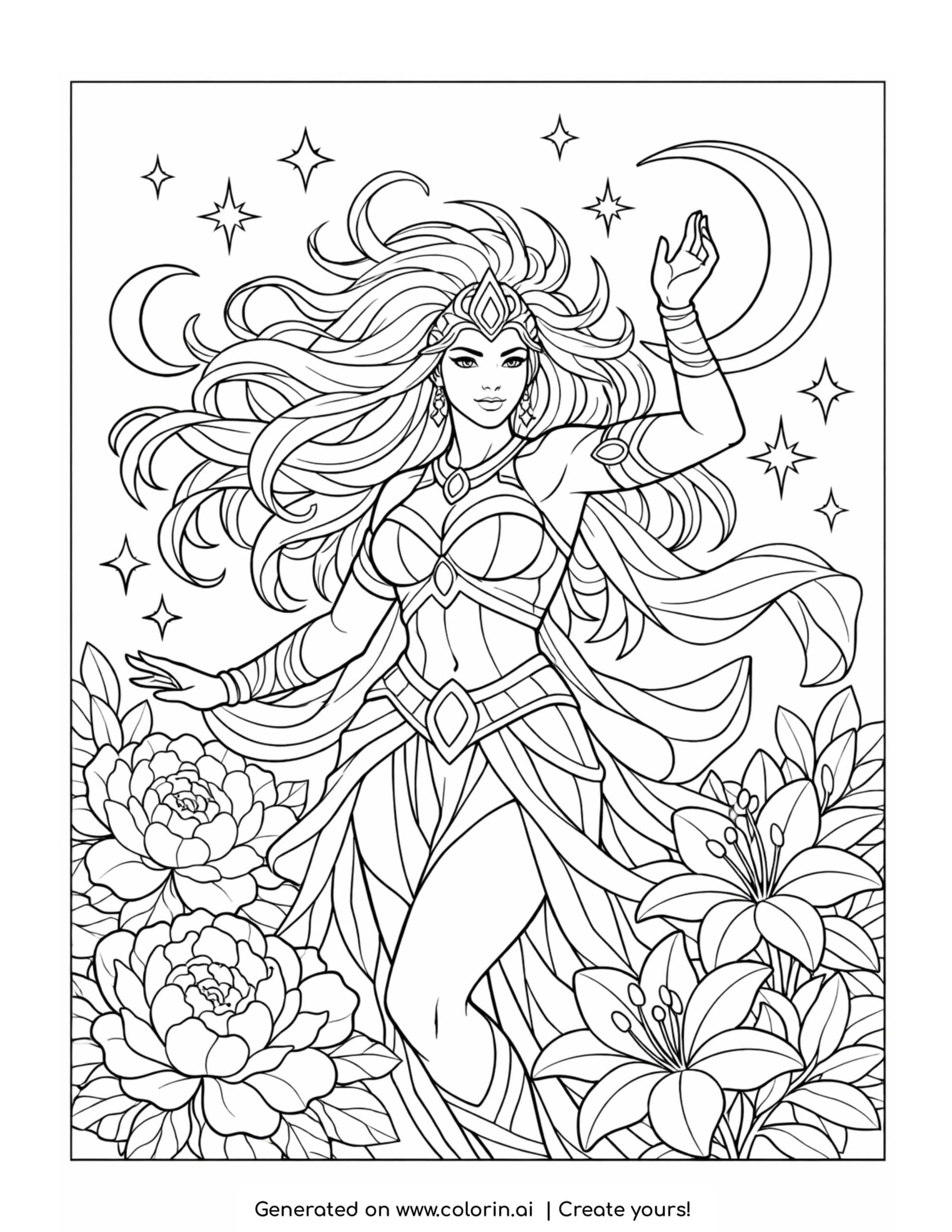 goddess summoning moonlight blooms coloring page with stars flowers and crescent moons