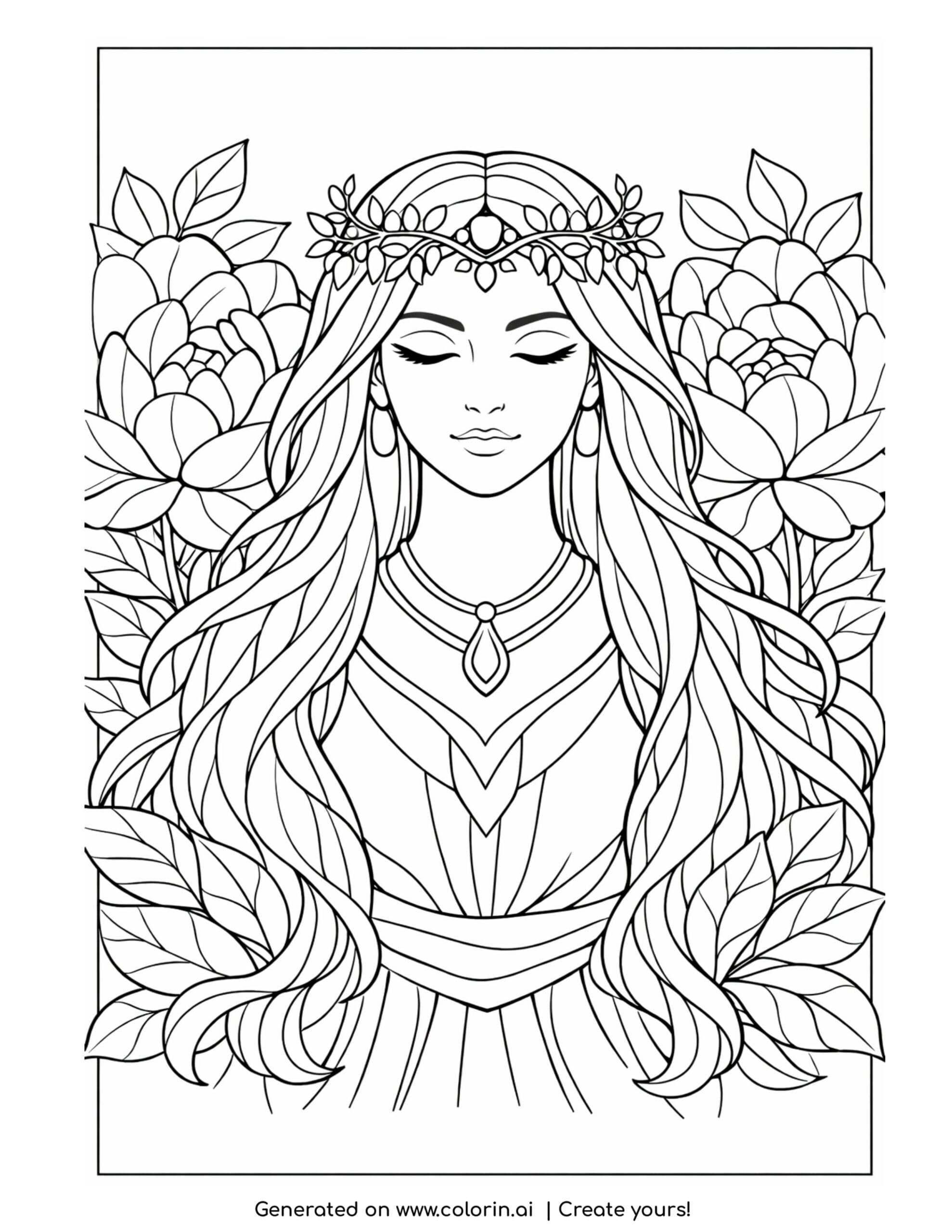 goddess surrounded by blooming flowers coloring page with flowing hair and leaves