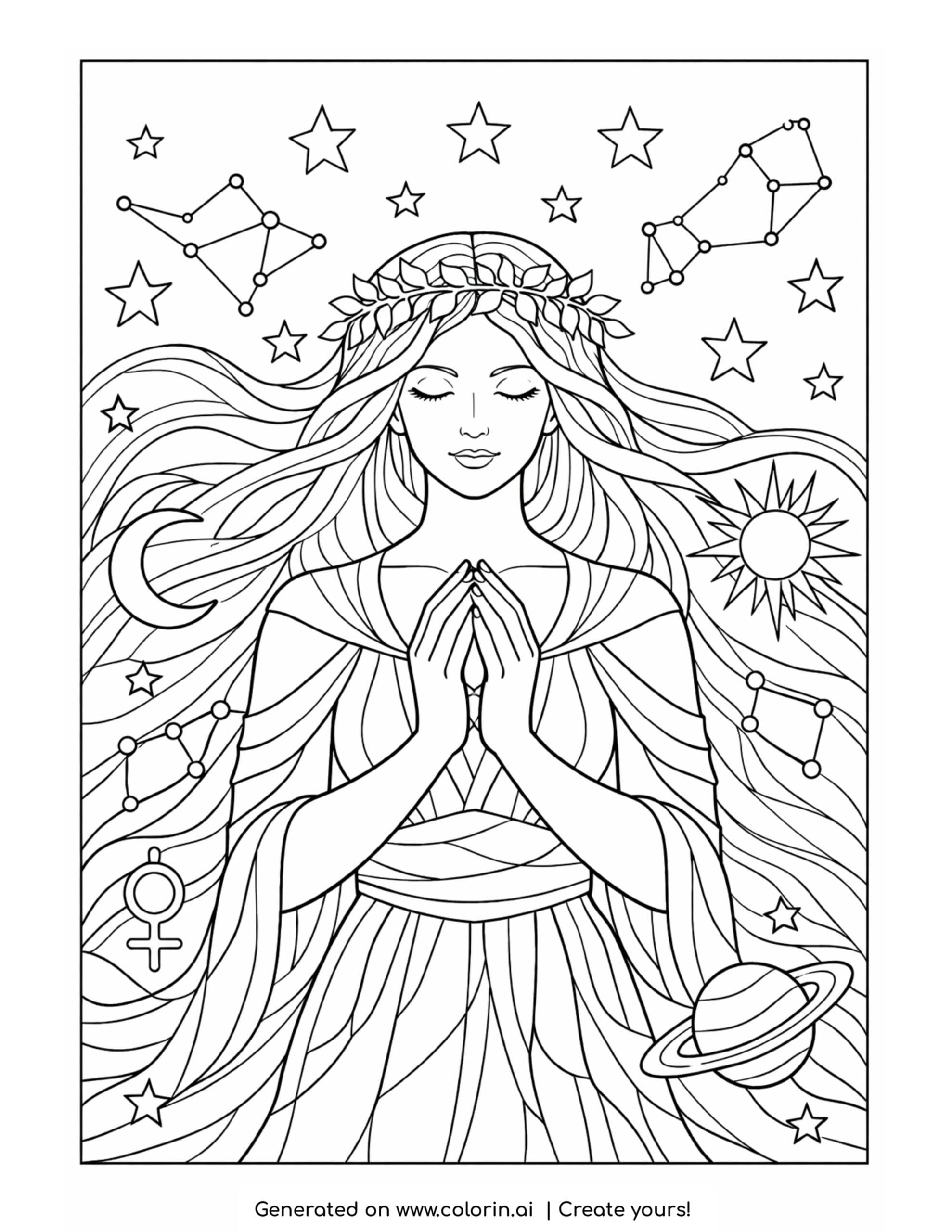 goddess surrounded by constellations coloring page with stars and planets