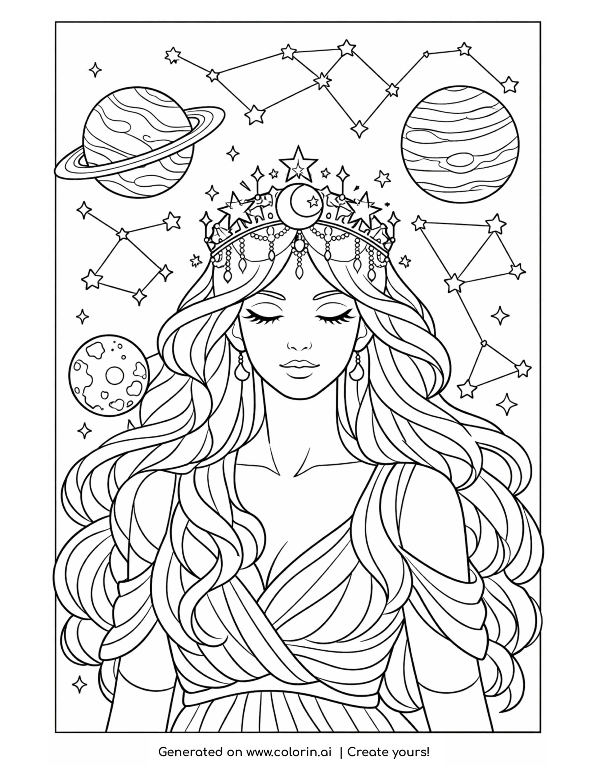 goddess surrounded by floating planets coloring page with constellations and stars