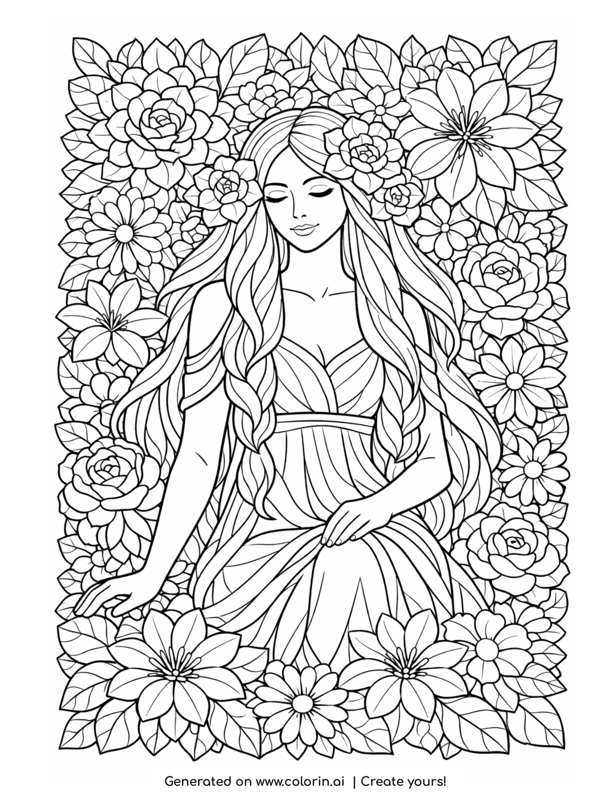 goddess surrounded by layered flowers coloring page with petals and blooming flowers