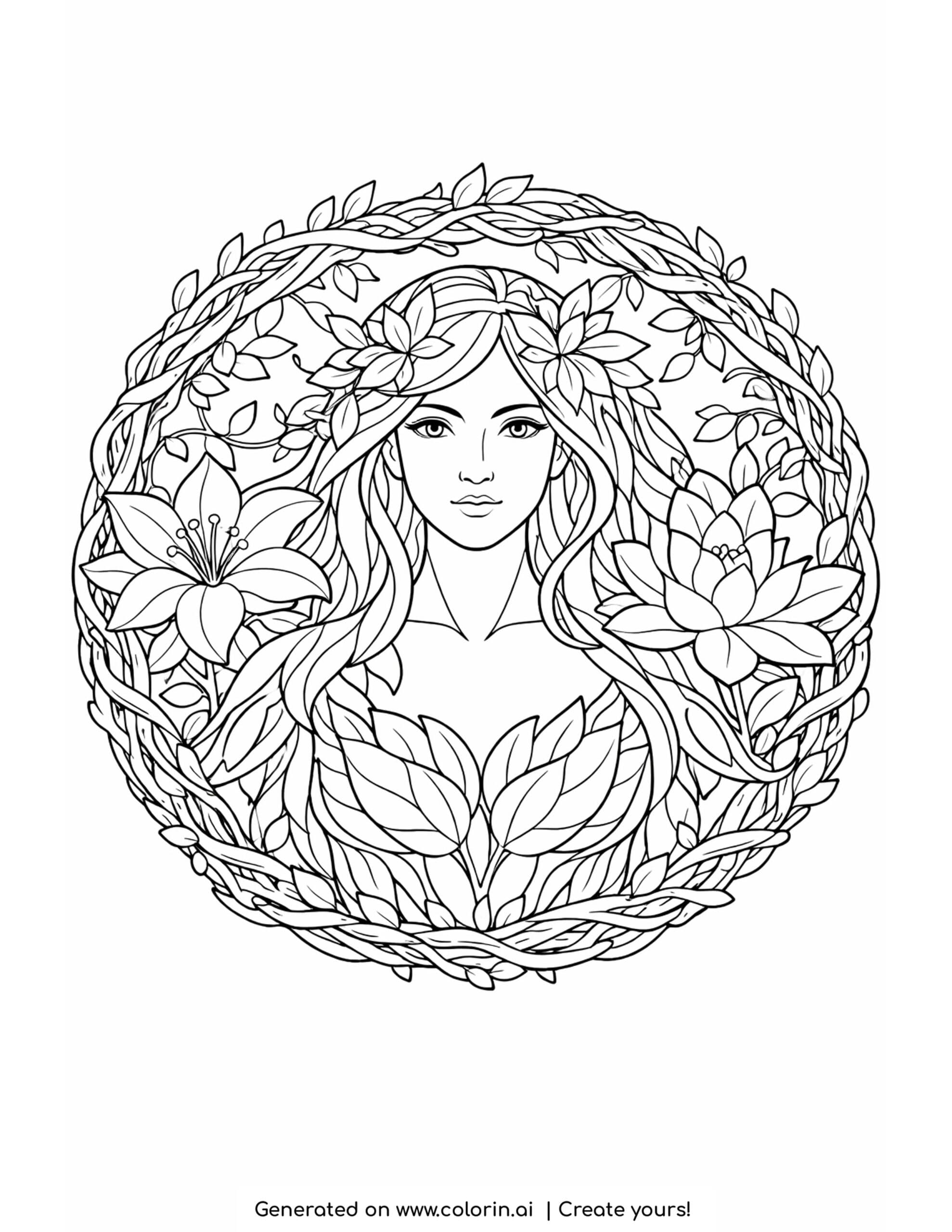 goddess surrounded by woven branches coloring page with flowers and leafy wreath