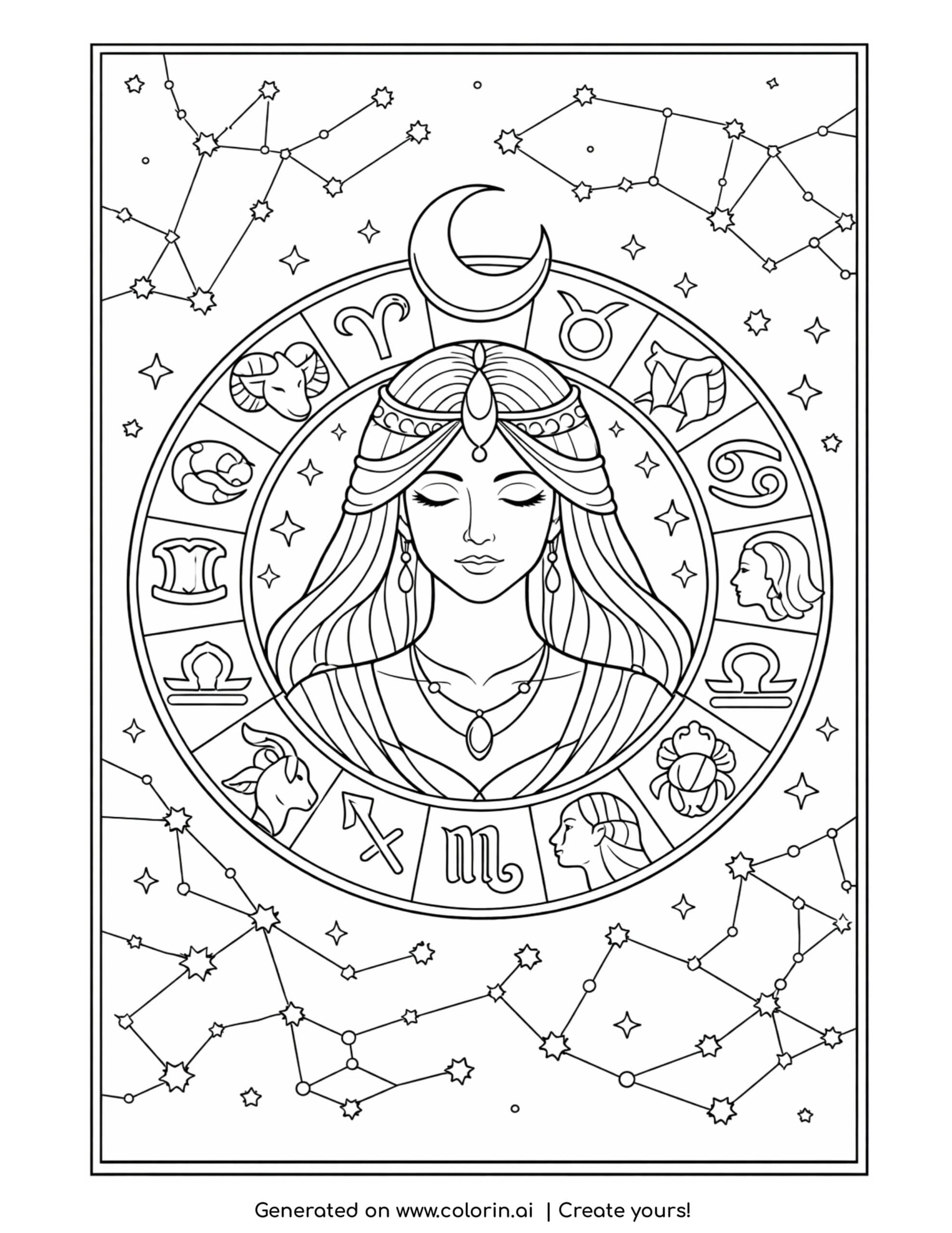 goddess surrounded by zodiac symbols coloring page with constellations and moon