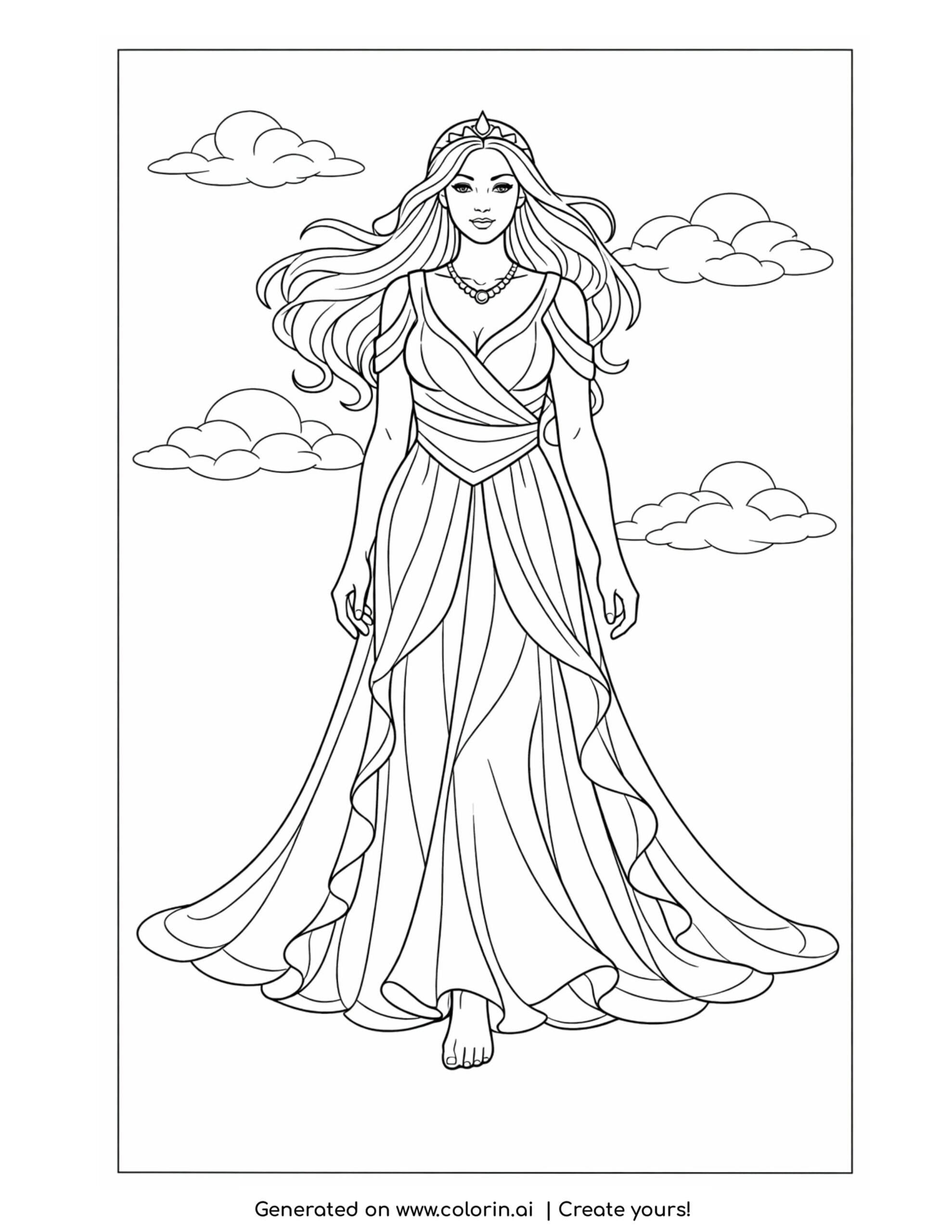 goddess walking through clouds coloring page with long dress and floating clouds
