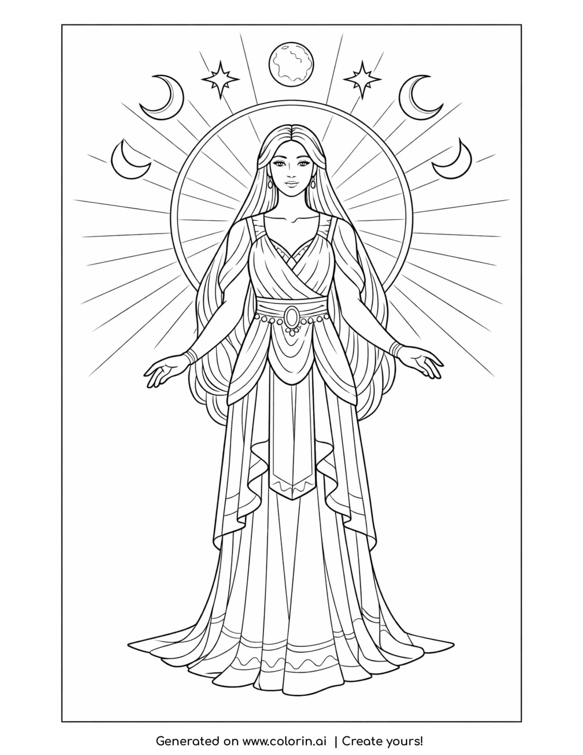 goddess with celestial halo coloring page with moon symbols and radiant lines