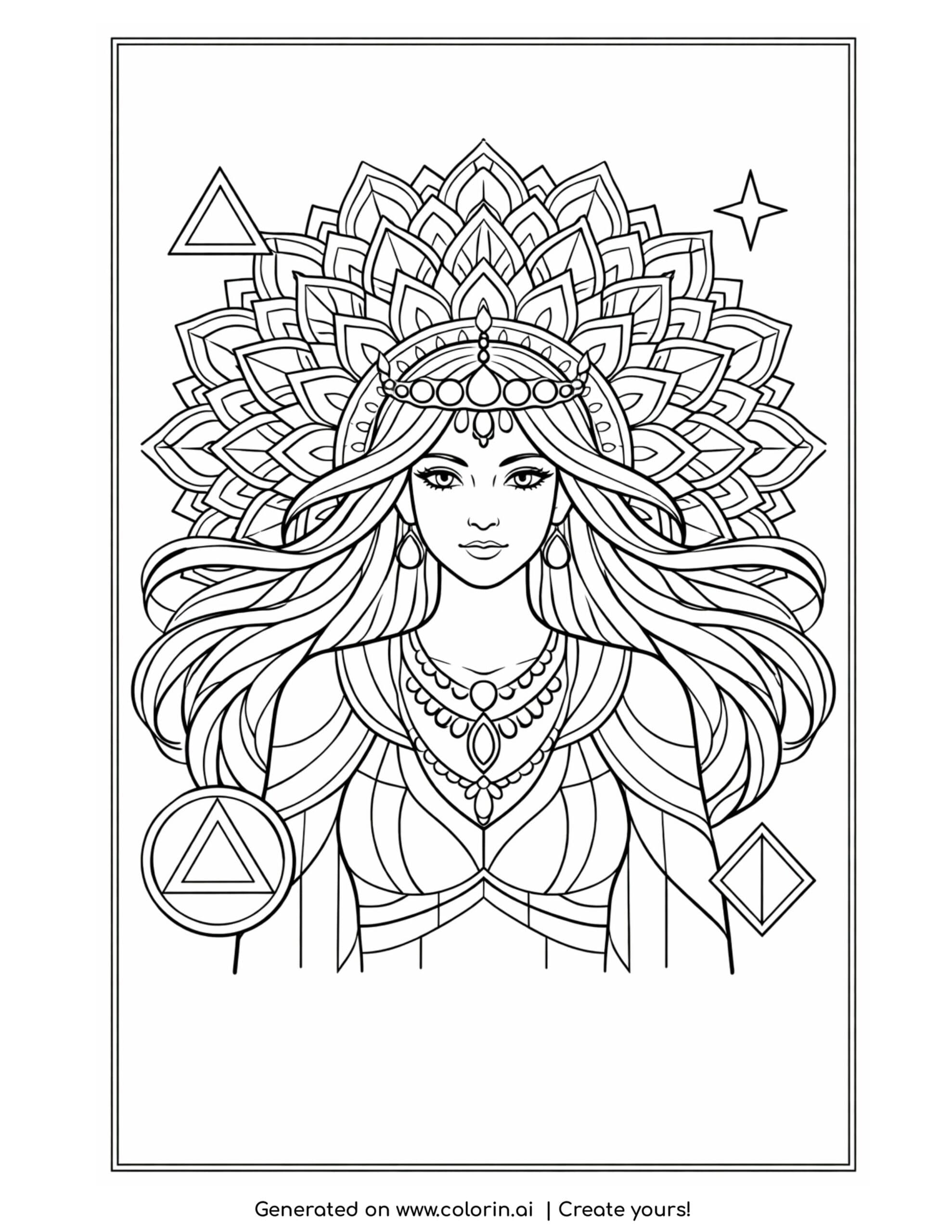 goddess with expanding mandala coloring page with flowing hair and stars
