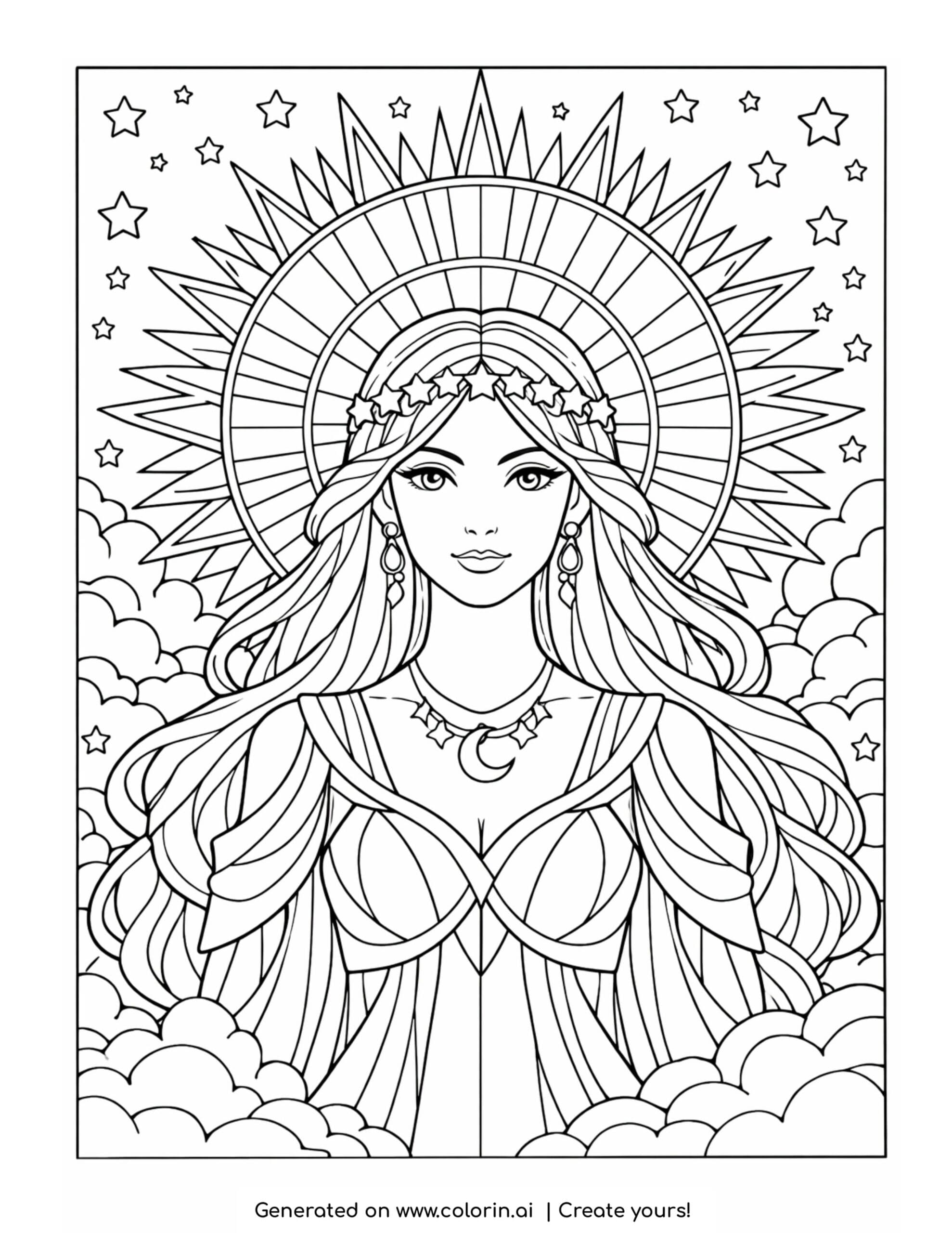 goddess with radiant sun halo coloring page with stars and clouds