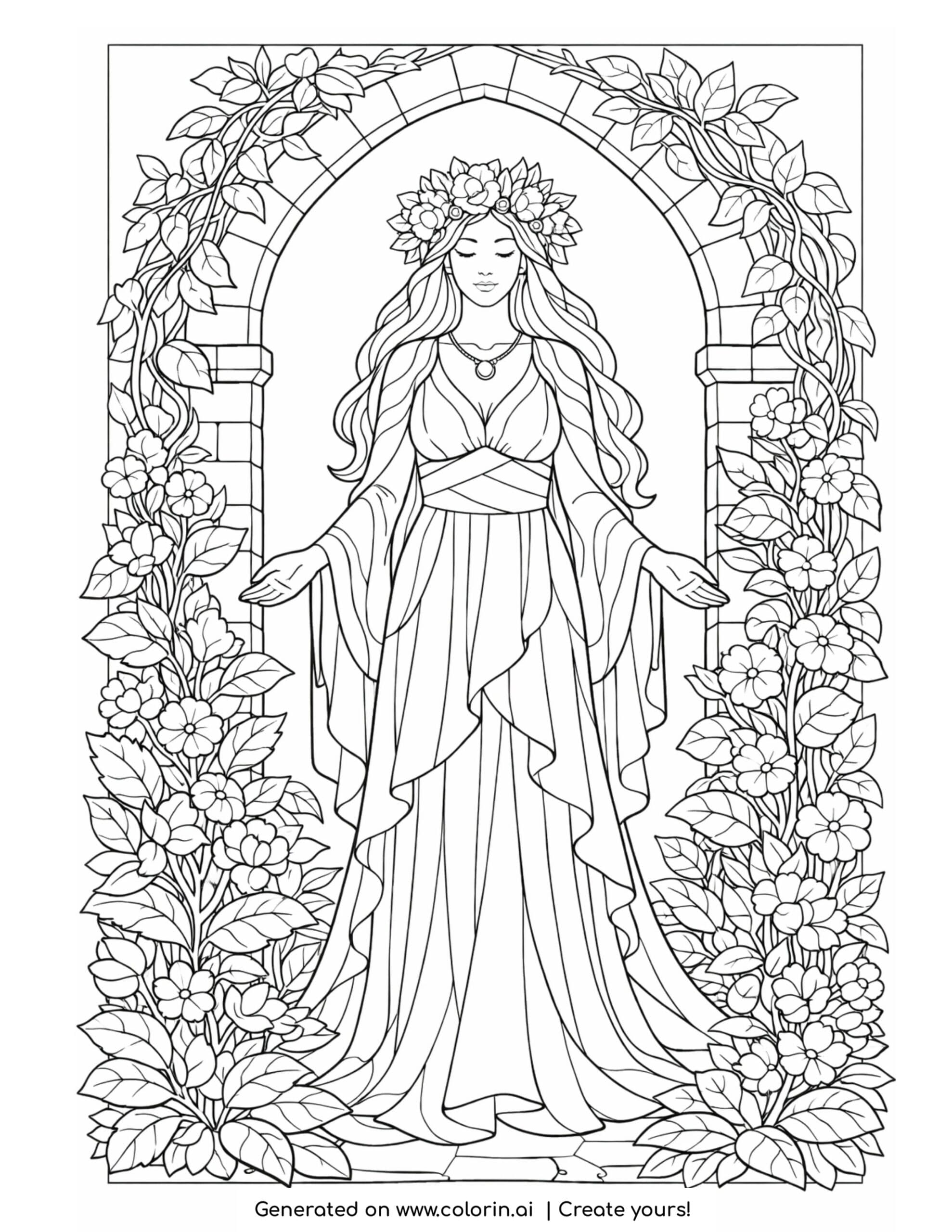 goddess within vine doorway coloring page with flowers and stone arch
