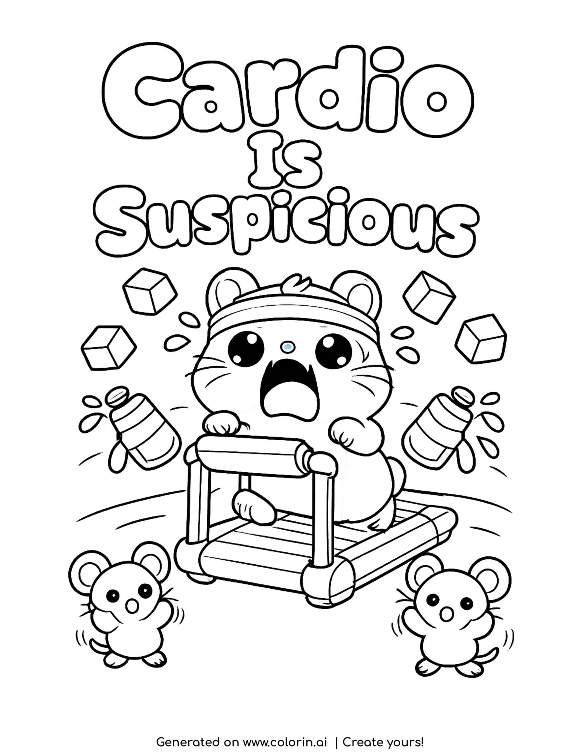 hamster panicking on treadmill coloring page with flying snacks tiny mice and spilled water bottles