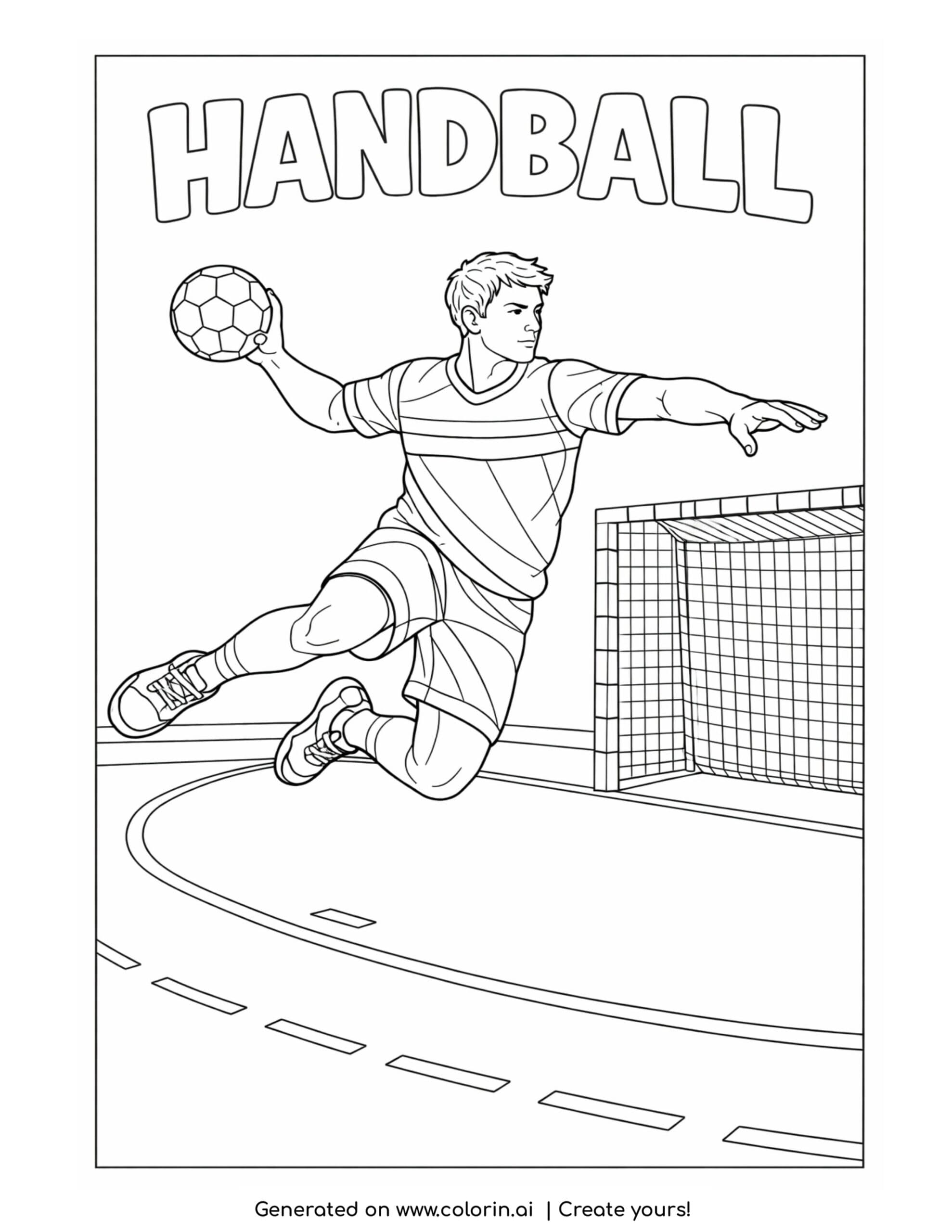 handball player jumping to throw coloring page with athlete aiming at goal net