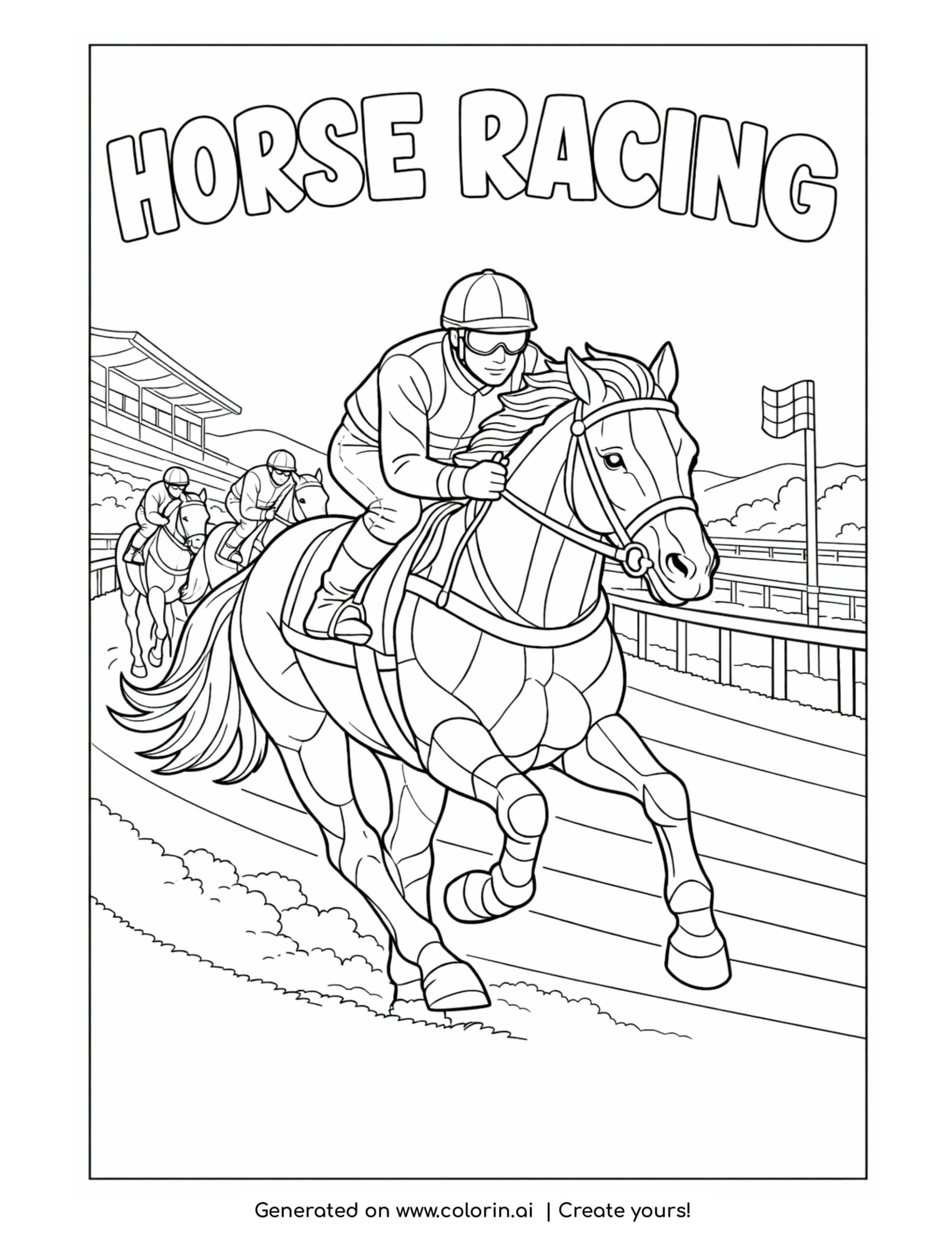 horse racing jockey riding fast horse coloring page with rider leading a race on a track coloring page