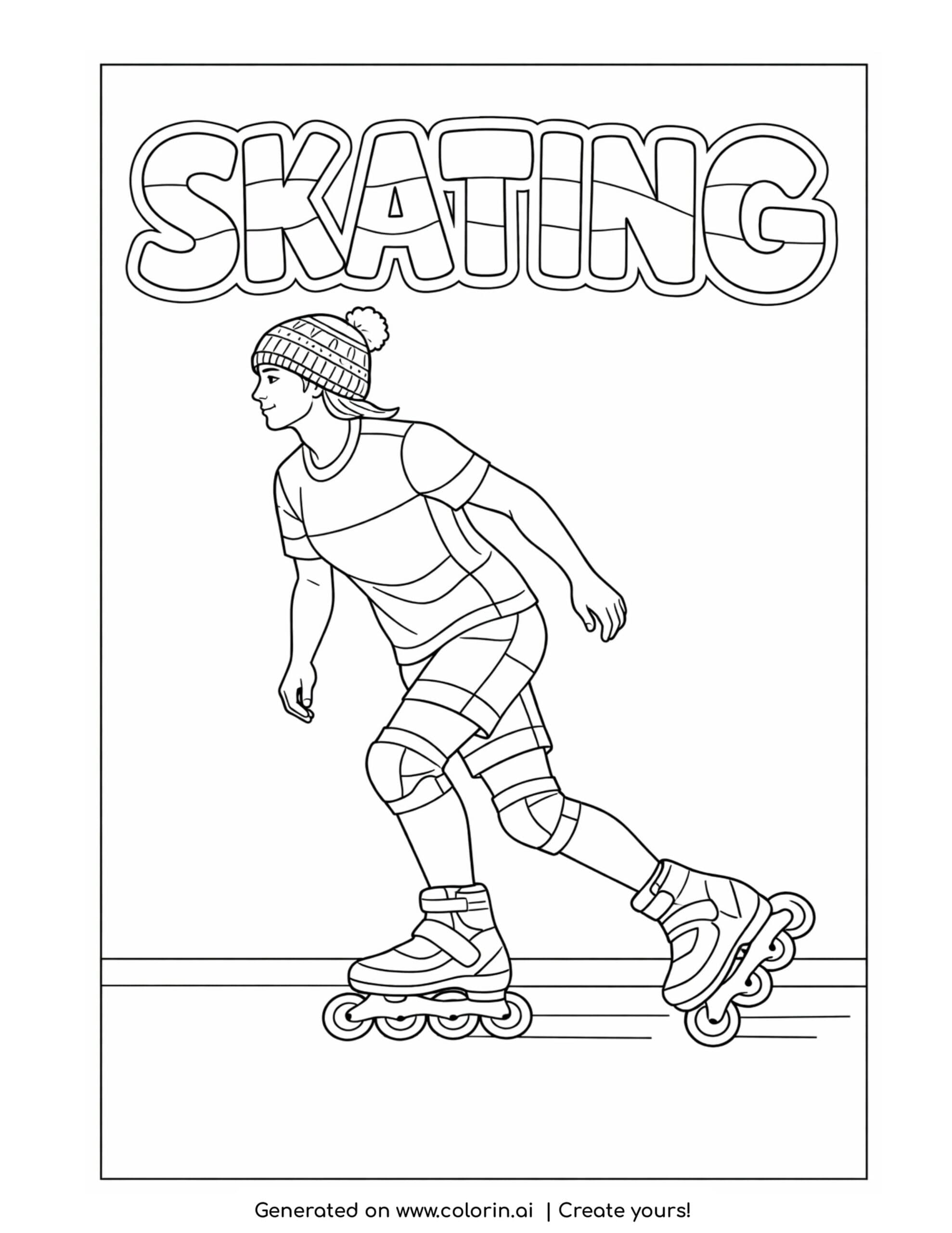 inline skater gliding forward coloring page with beanie and motion lines on smooth ground coloring page