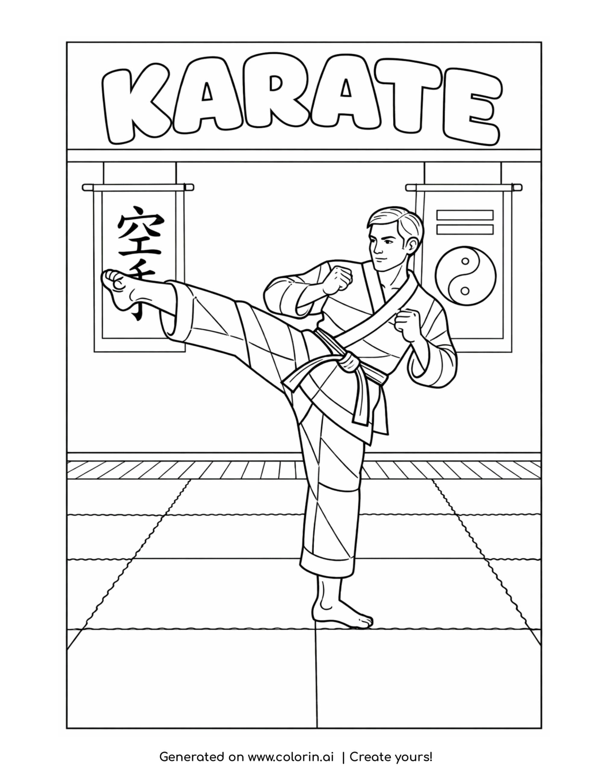 karate fighter performing high kick coloring page in dojo with banners