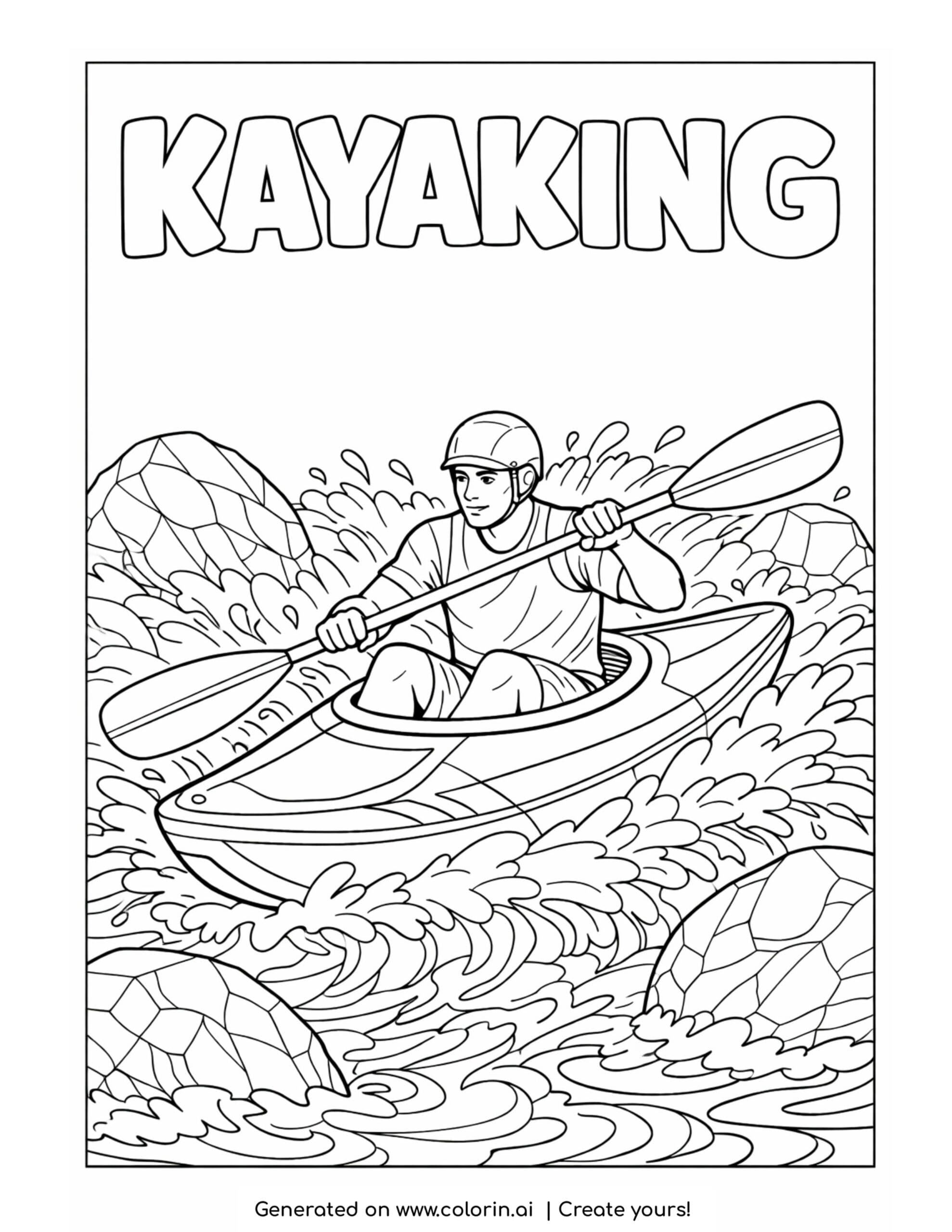 kayaker paddling through river waves coloring page with splashes and rocks