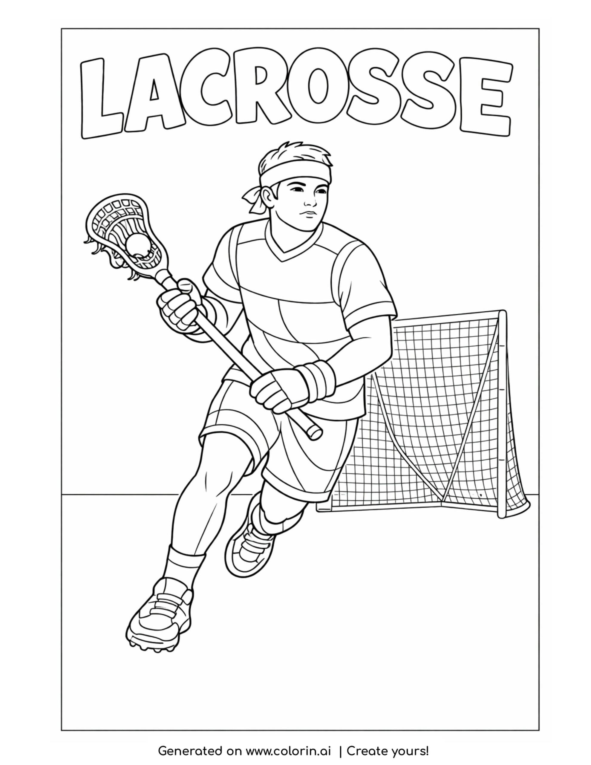 lacrosse player running with stick coloring page with athlete holding ball near goal net