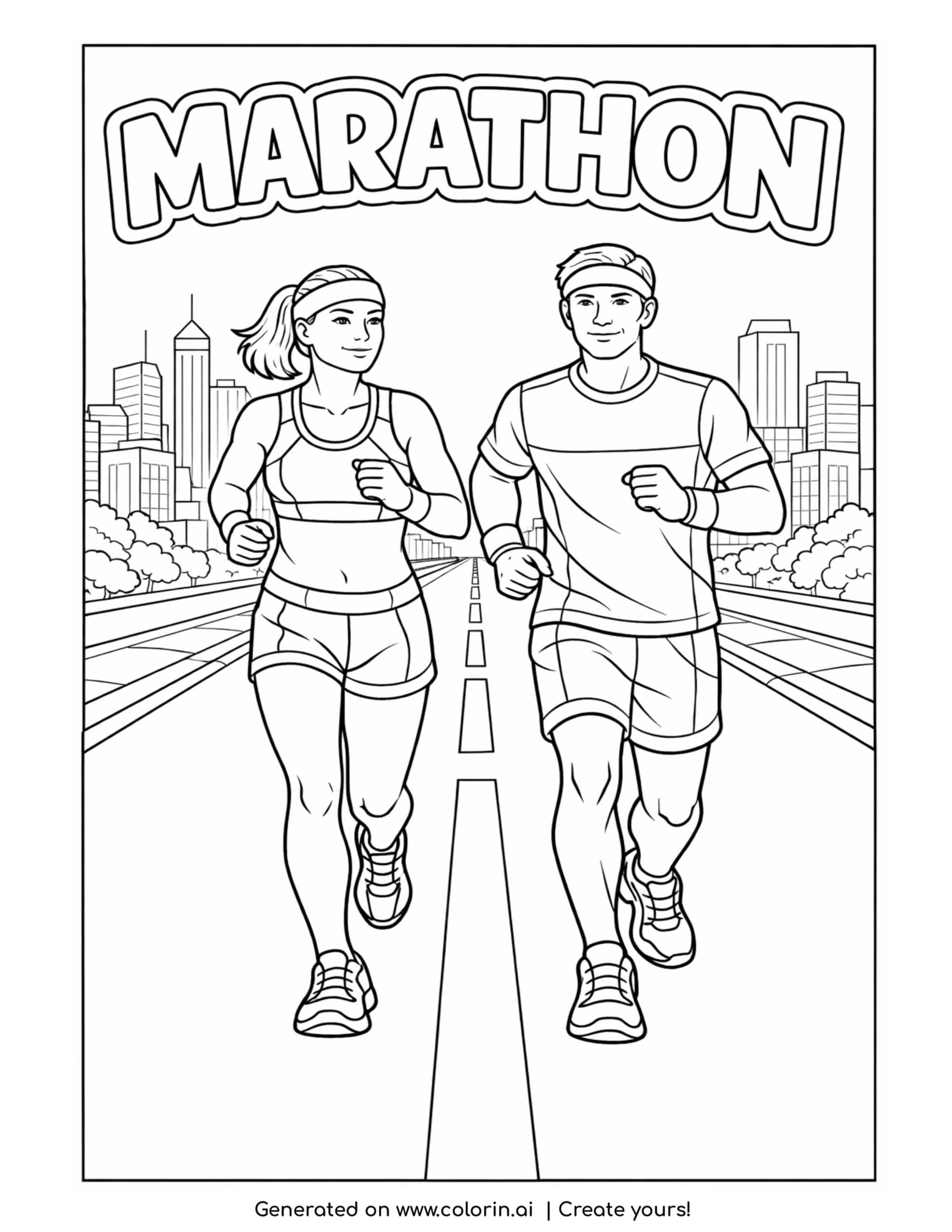 marathon runners running on city road coloring page with two athletes jogging through a simple city background coloring page