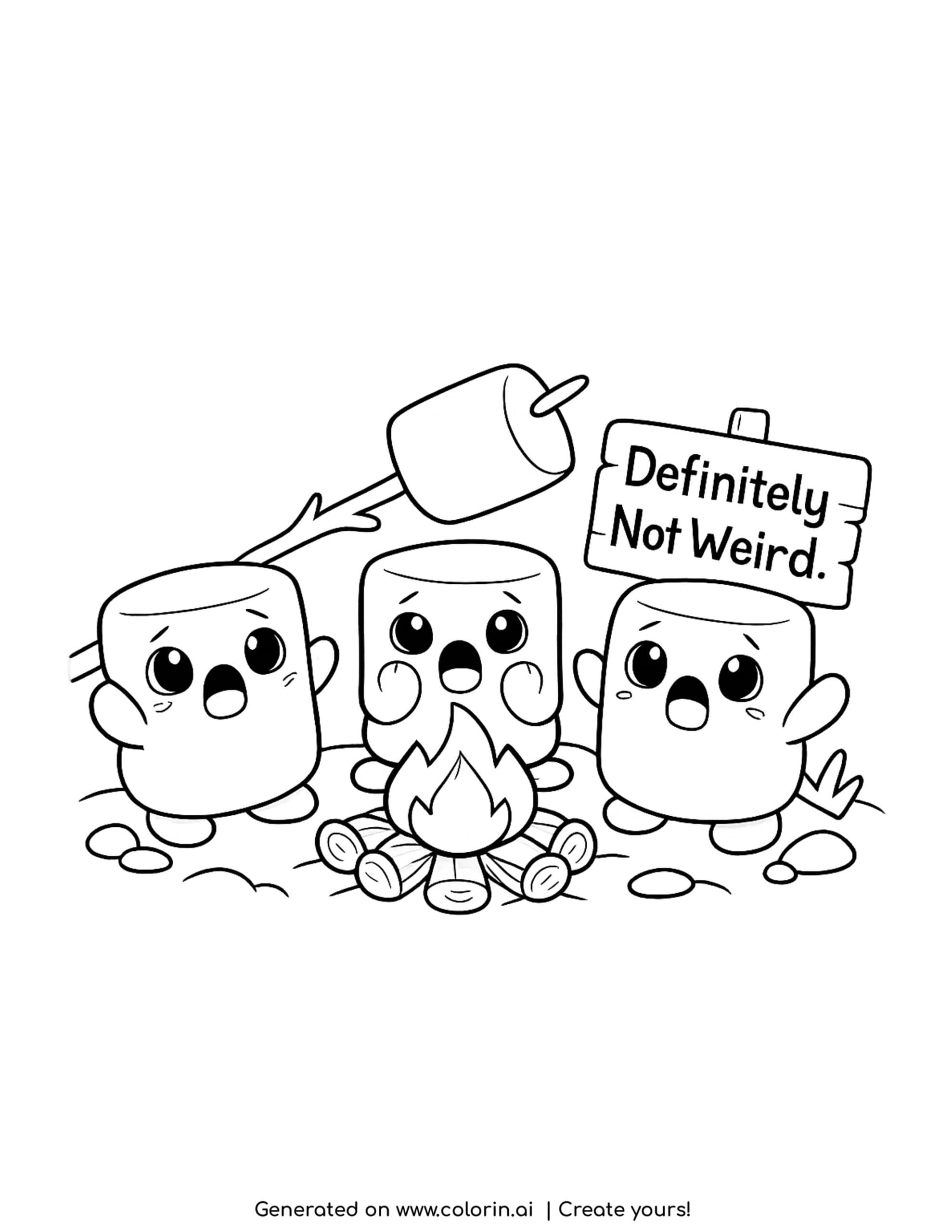 marshmallows around campfire coloring page with funny camping scene