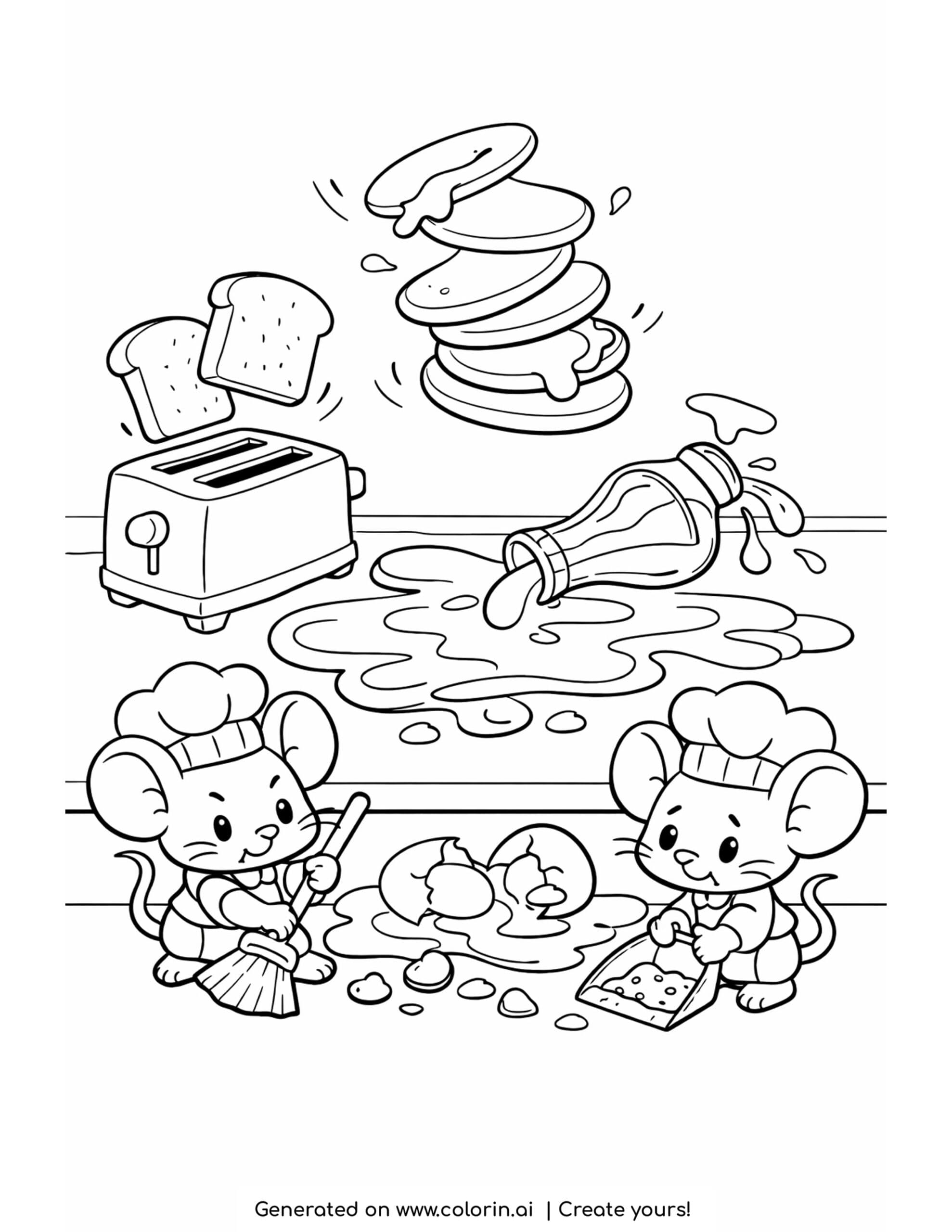 mice cleaning pancake spill coloring page with toaster and flying pancakes