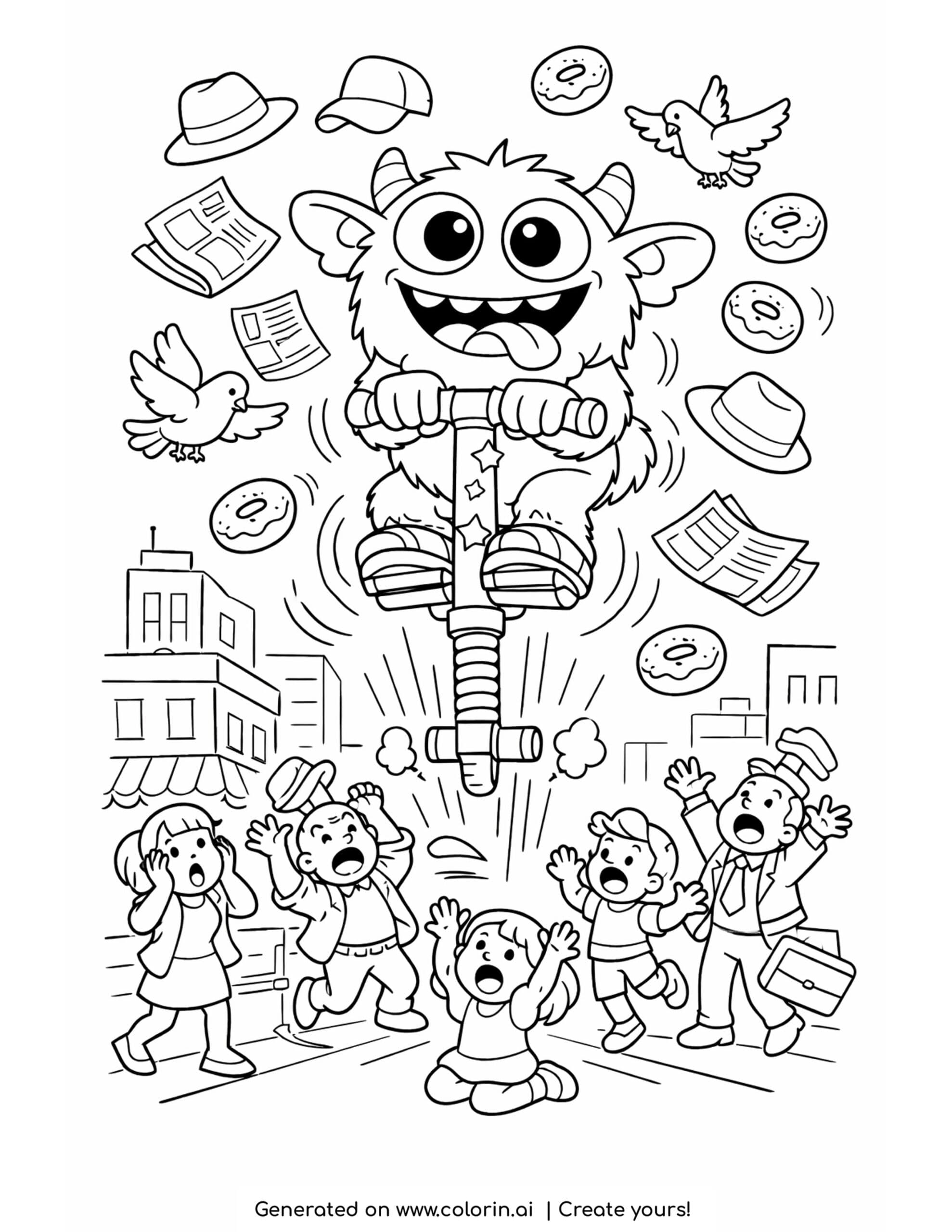 monster bouncing through city traffic coloring page with pogo stick and flying objects