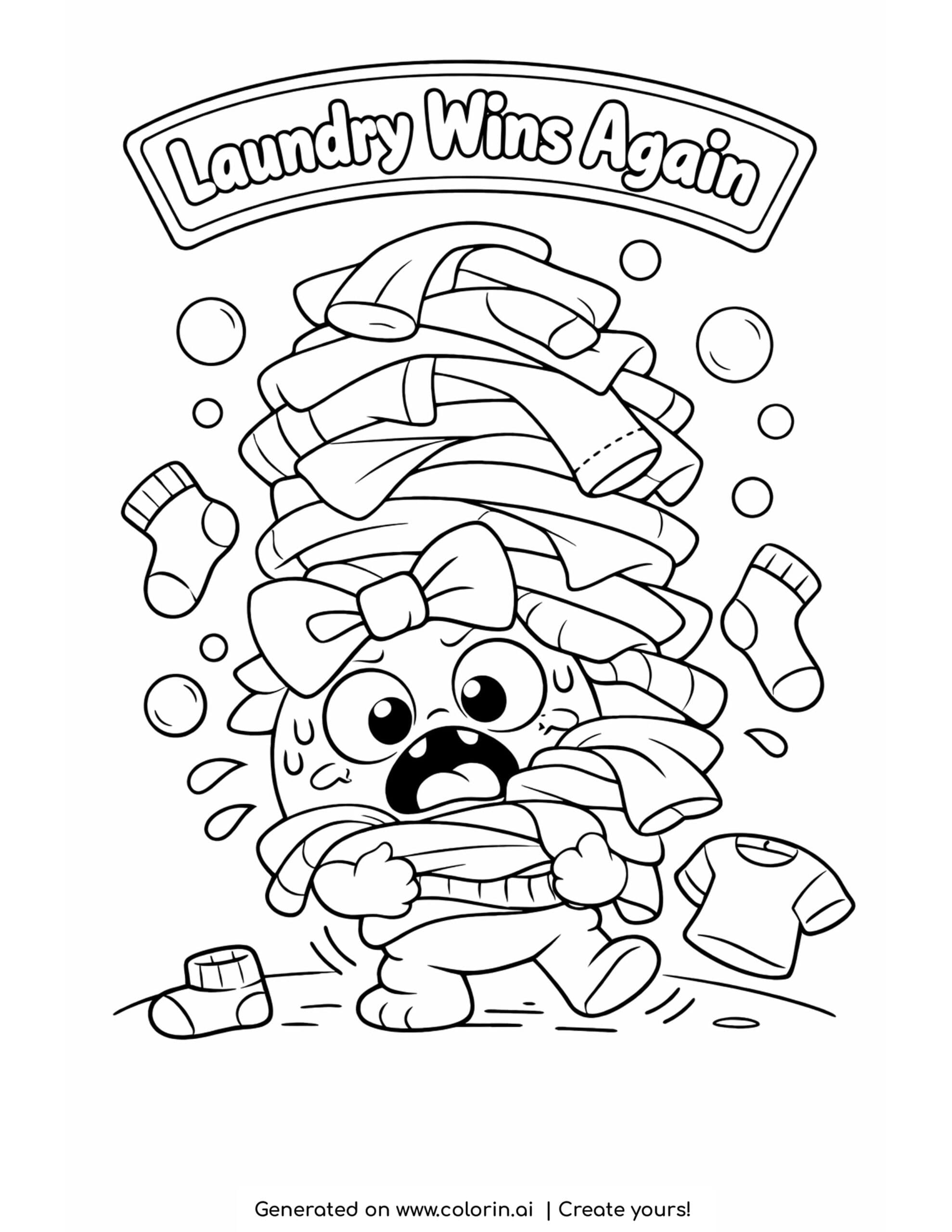 monster dropping towering laundry coloring page with falling socks and wobbling clothes pile