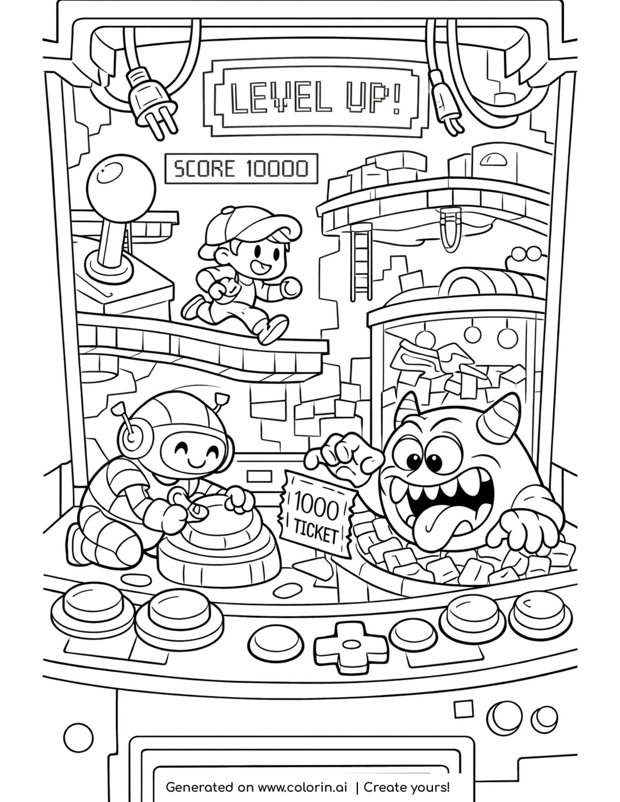 monster grabbing arcade tickets coloring page inside a giant retro arcade machine