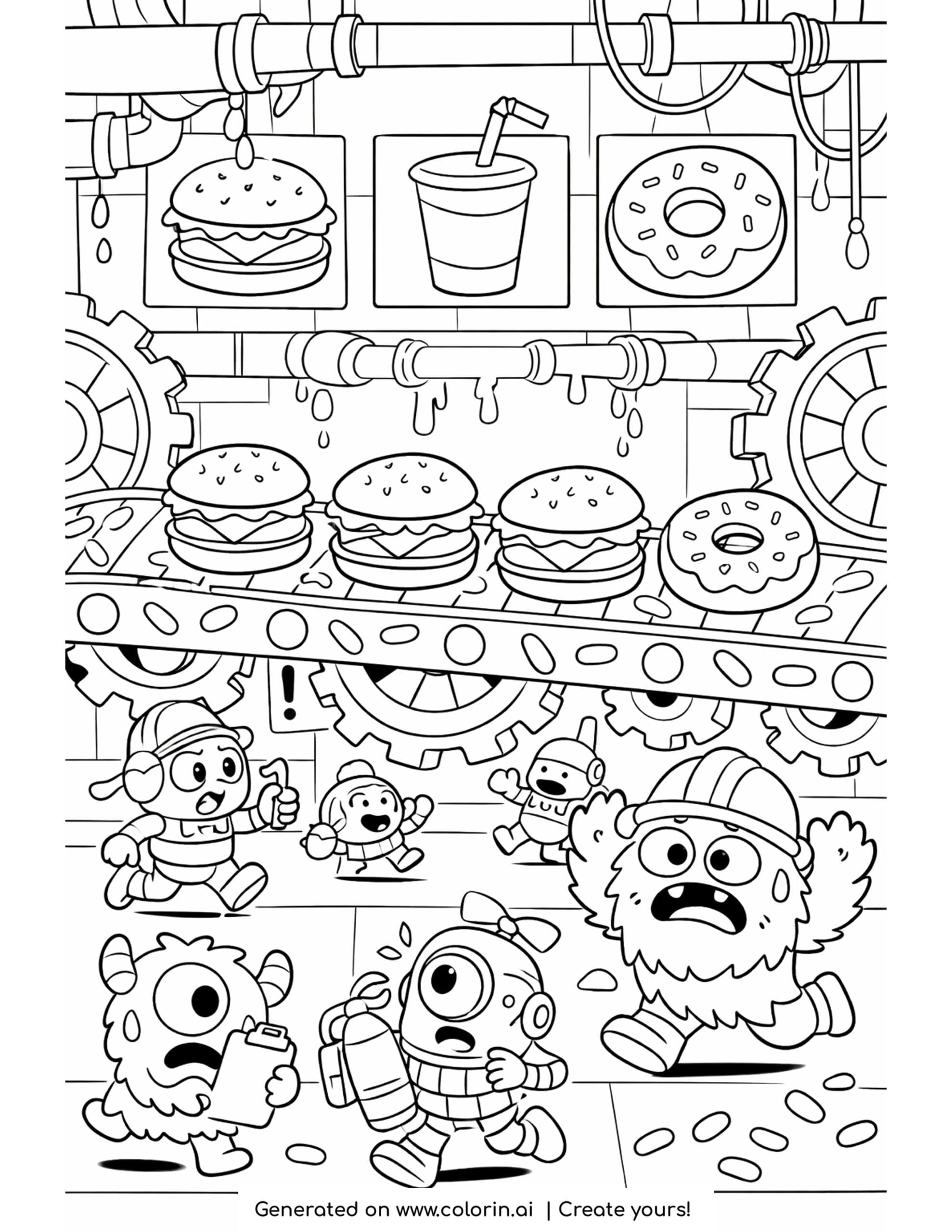 monster snack factory rush coloring page with conveyor burgers and tiny factory workers
