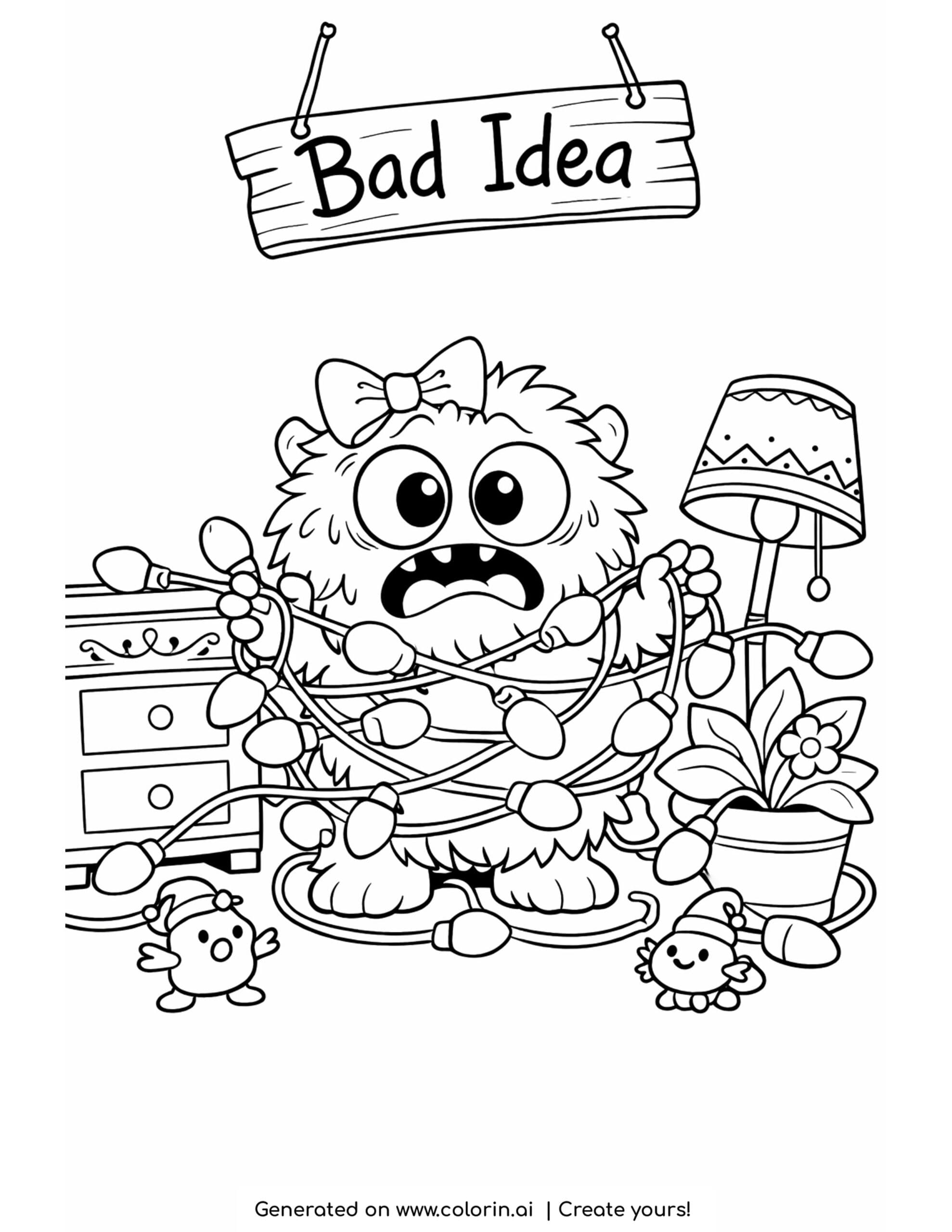 monster tangled in holiday lights coloring page with messy furniture and cute tiny creatures
