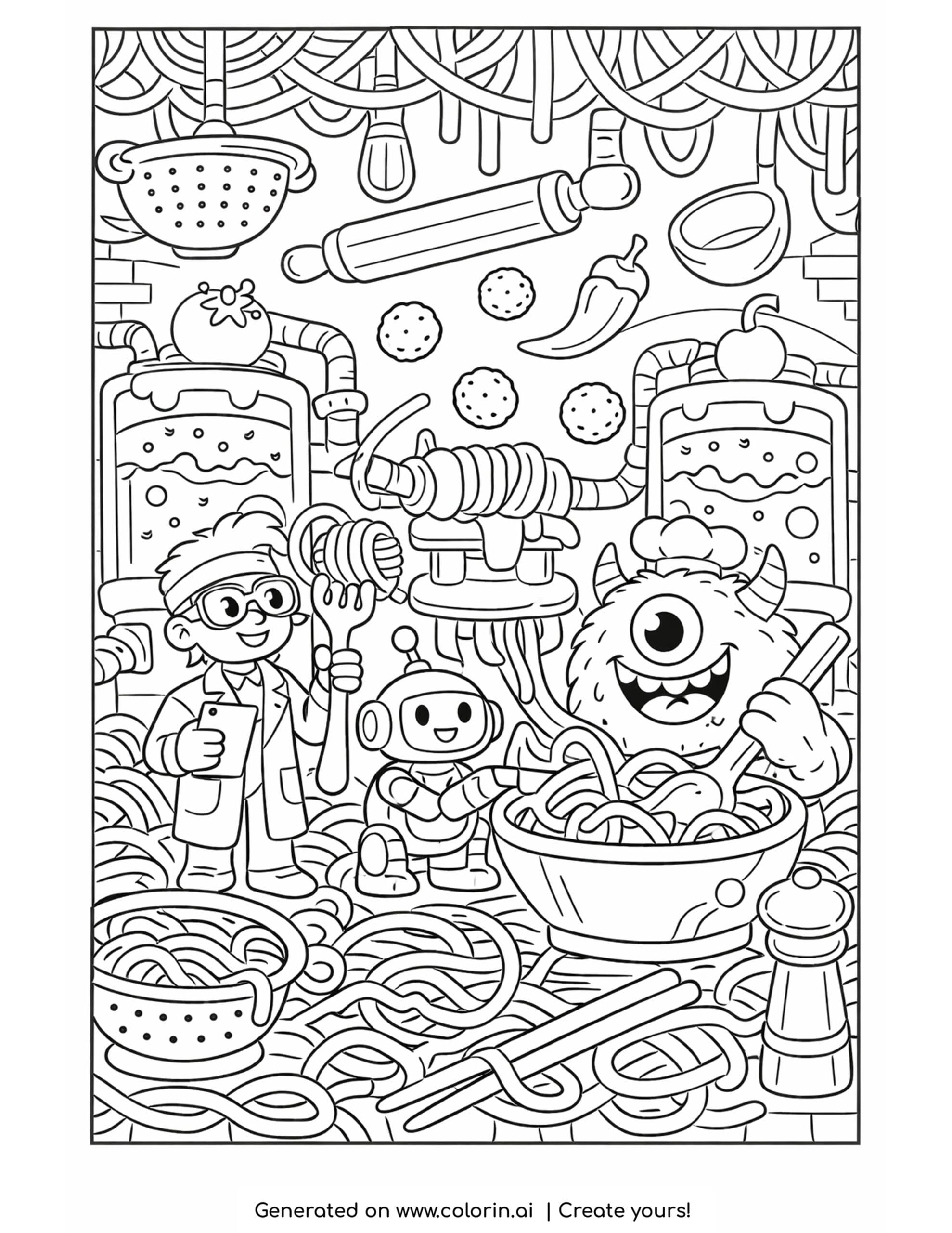 monster untangling giant noodles coloring page with spaghetti machines and bubbling sauce tanks