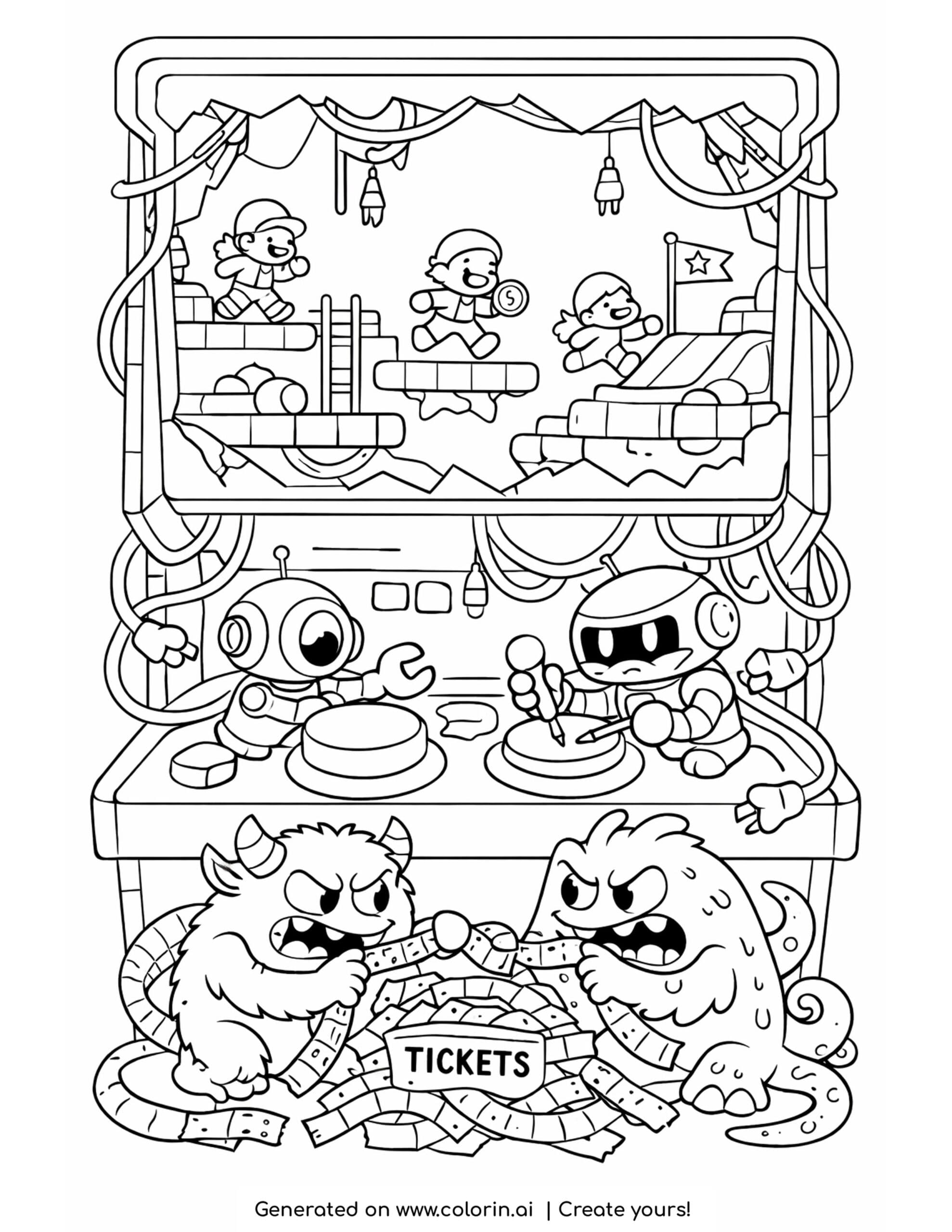 monsters pulling arcade tickets coloring page with robots and broken arcade machine