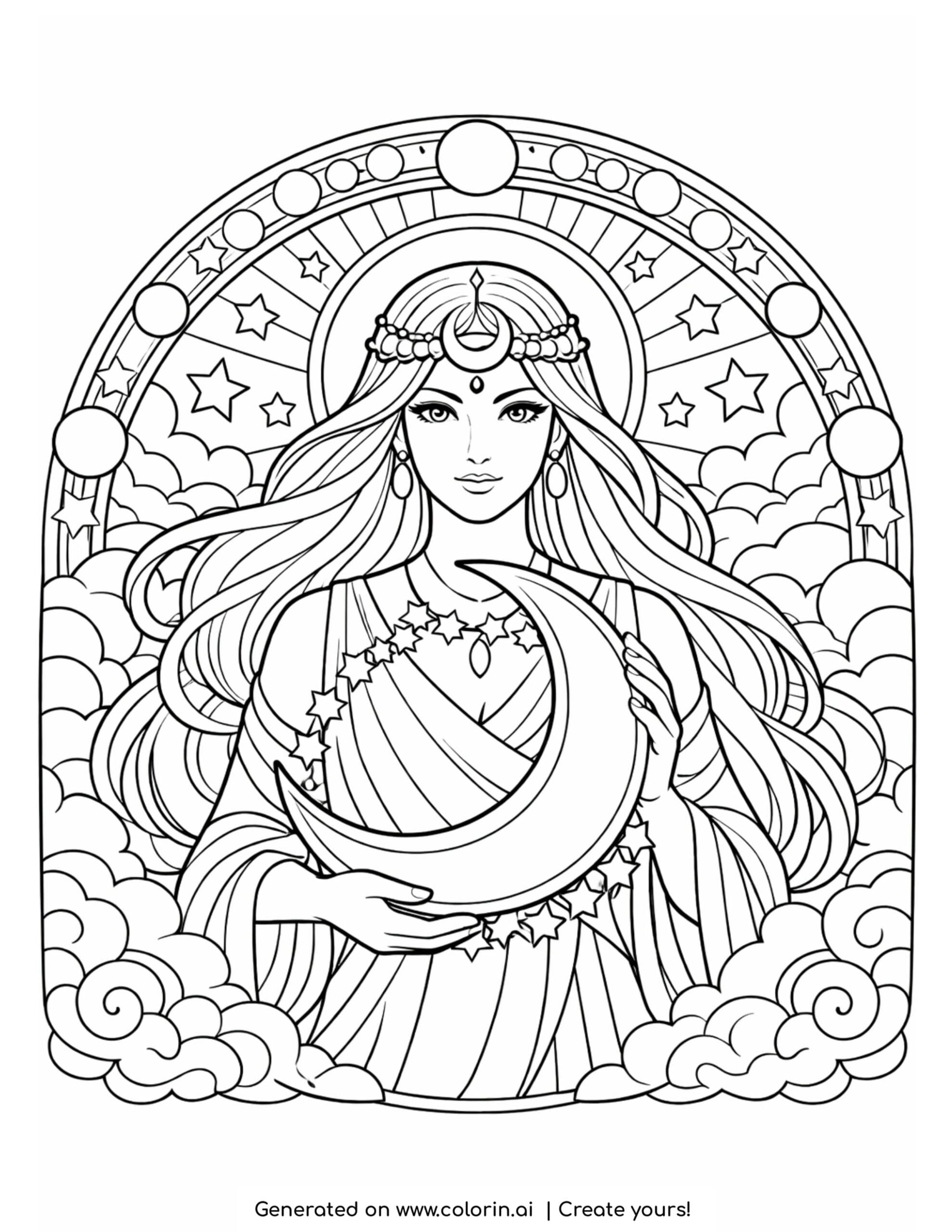 moon goddess holding crescent moon coloring page with stars and clouds