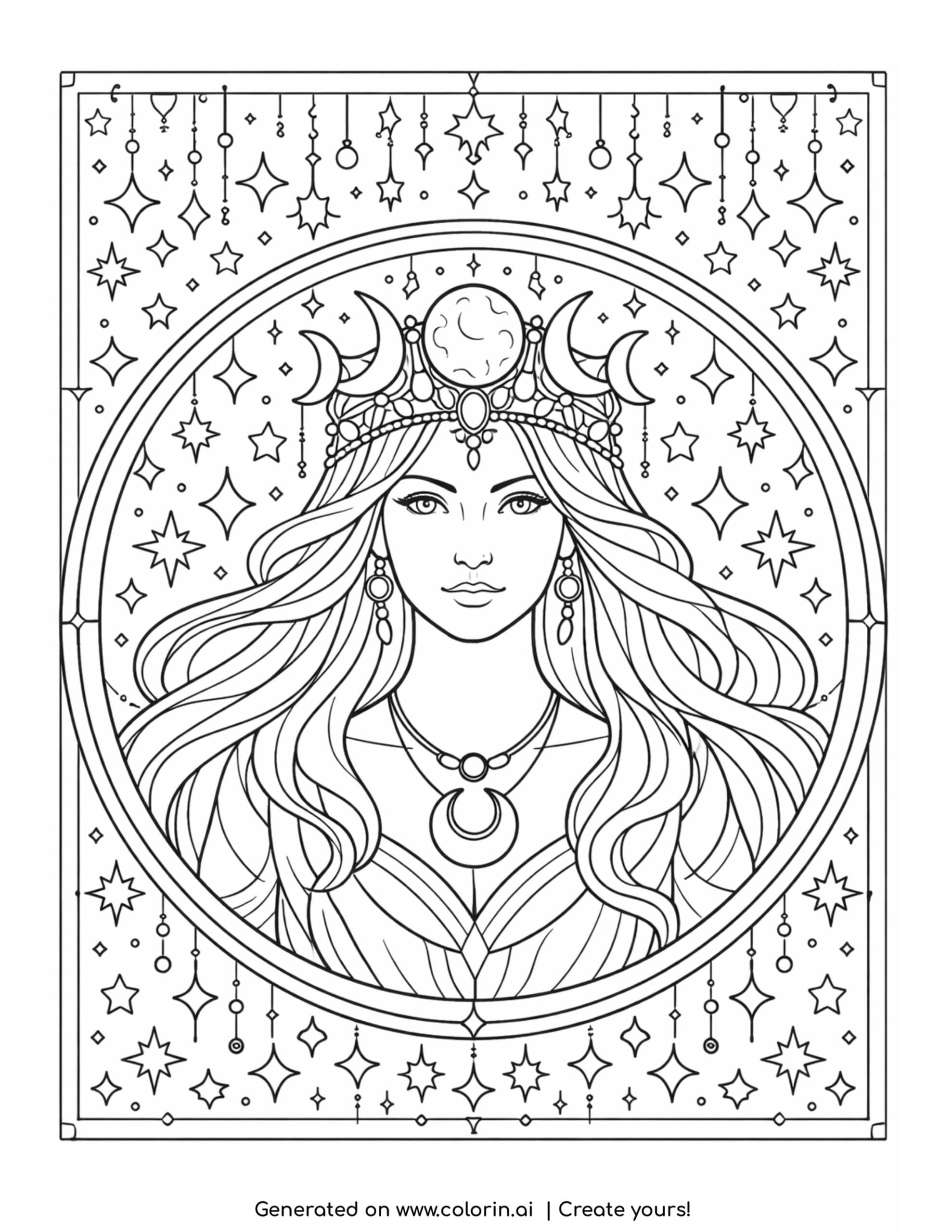 moon goddess in celestial frame coloring page with stars and crescent moons