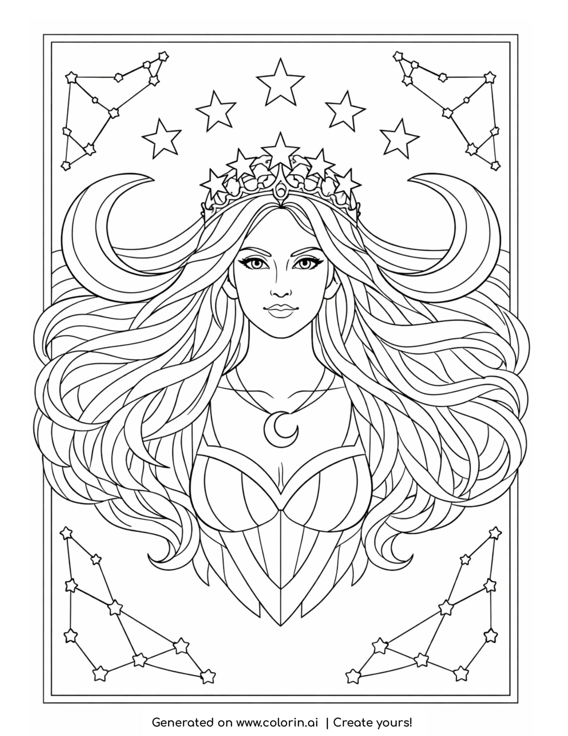 moon goddess with star crown coloring page with constellations and crescent moons
