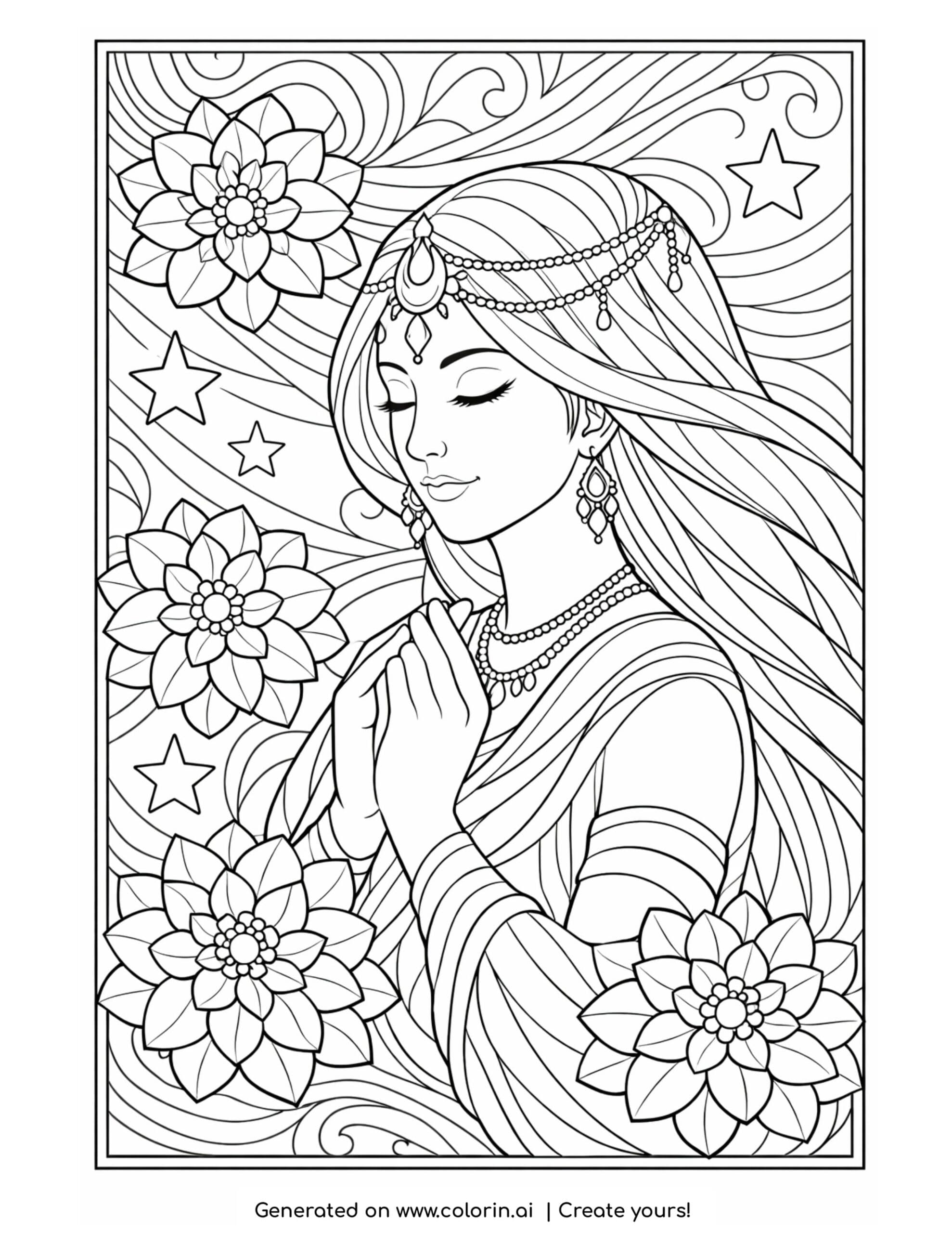 moon goddess with star flowers coloring page with flowing hair and swirling background