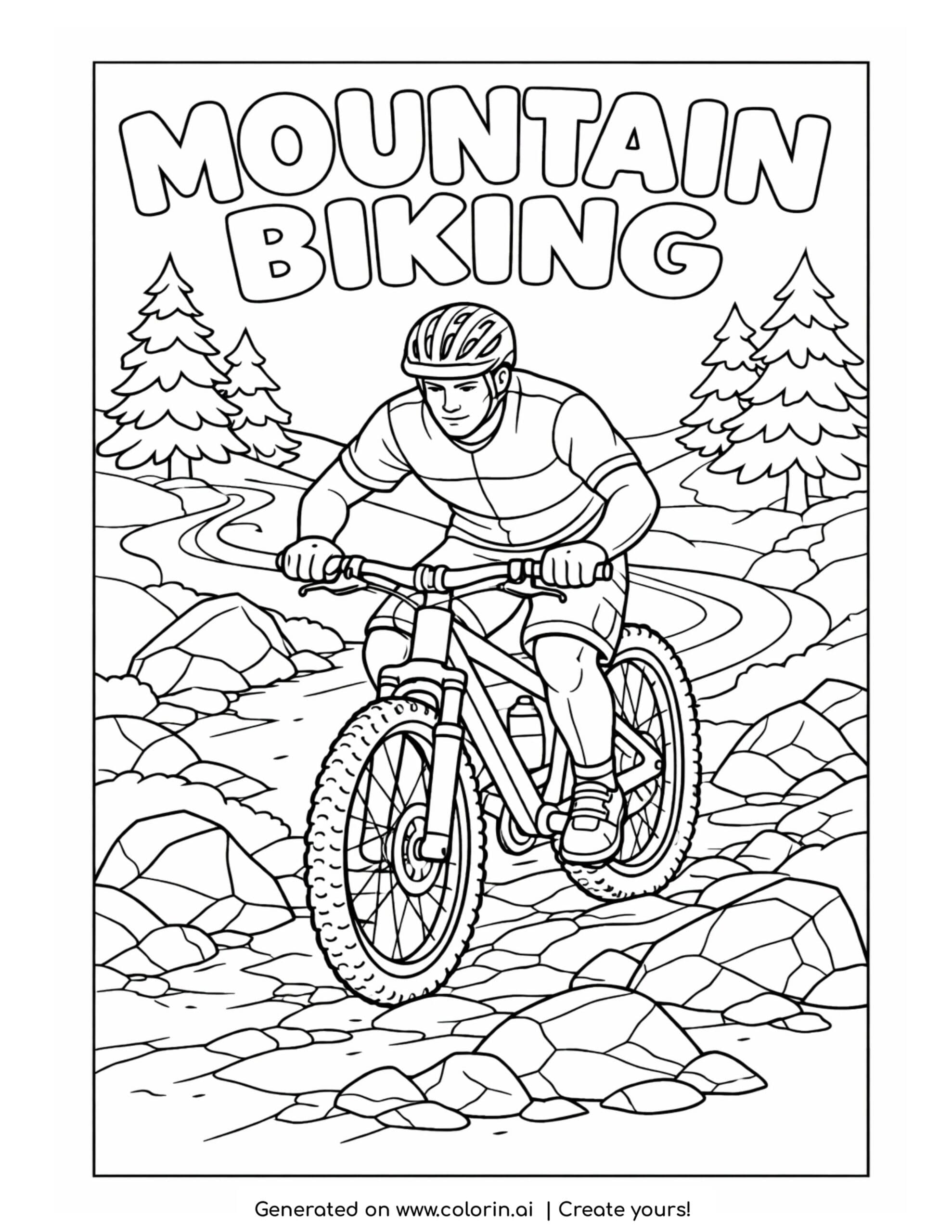 mountain biker riding on rocky trail coloring page with helmet and forest path